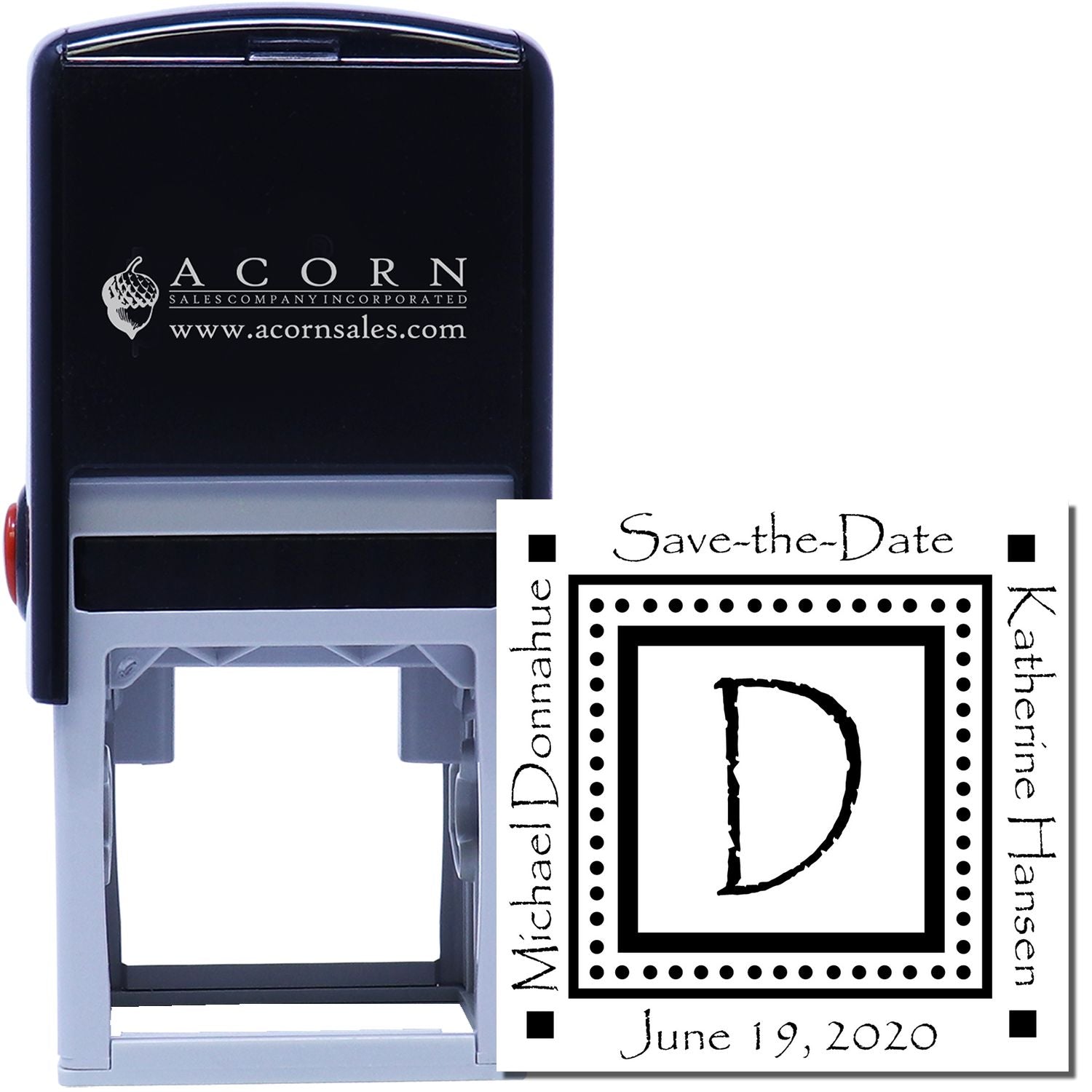 Custom self-inking wedding save-the-date rubber stamp with monogram D, names, and June 19, 2020 date.