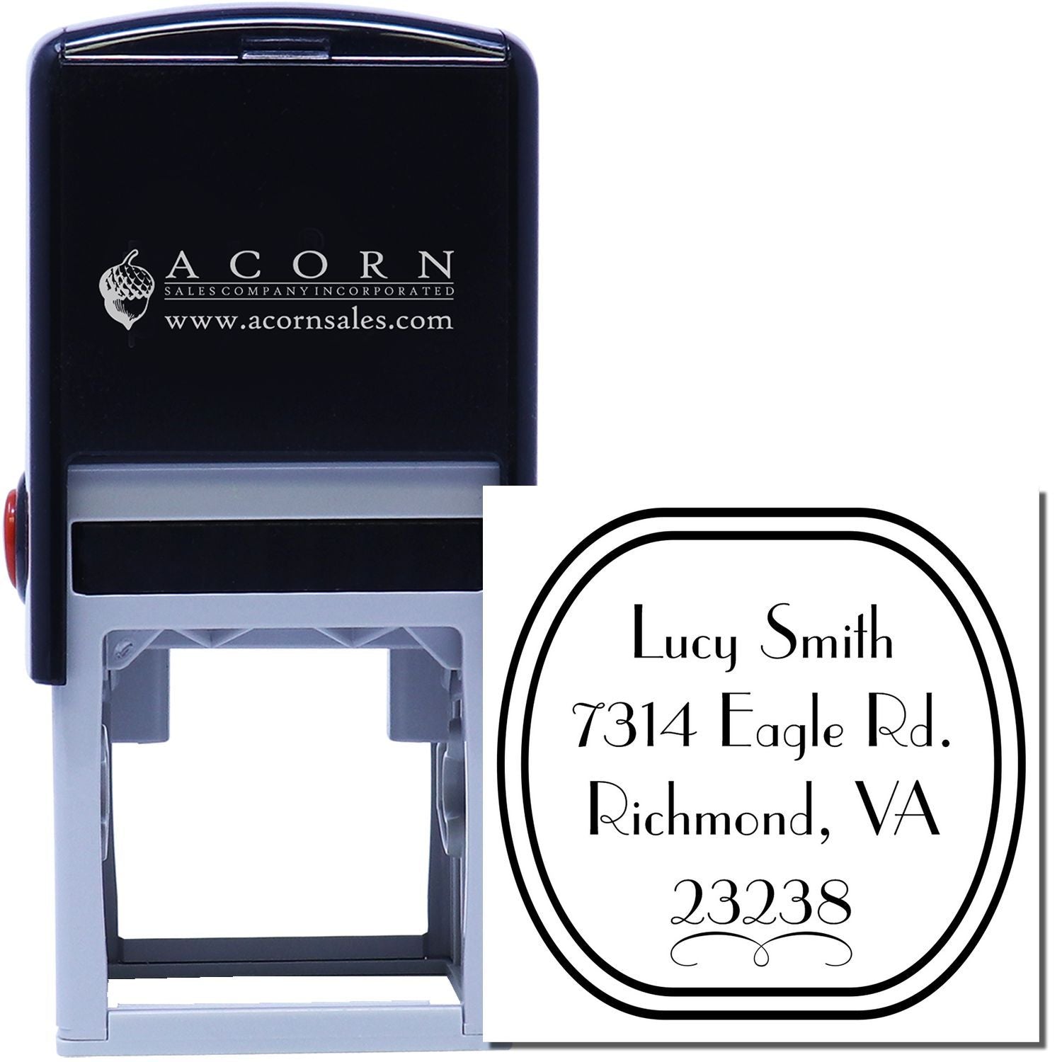 Custom self-inking rubber address stamp with name and mailing address, ideal for personalized mail and business use.