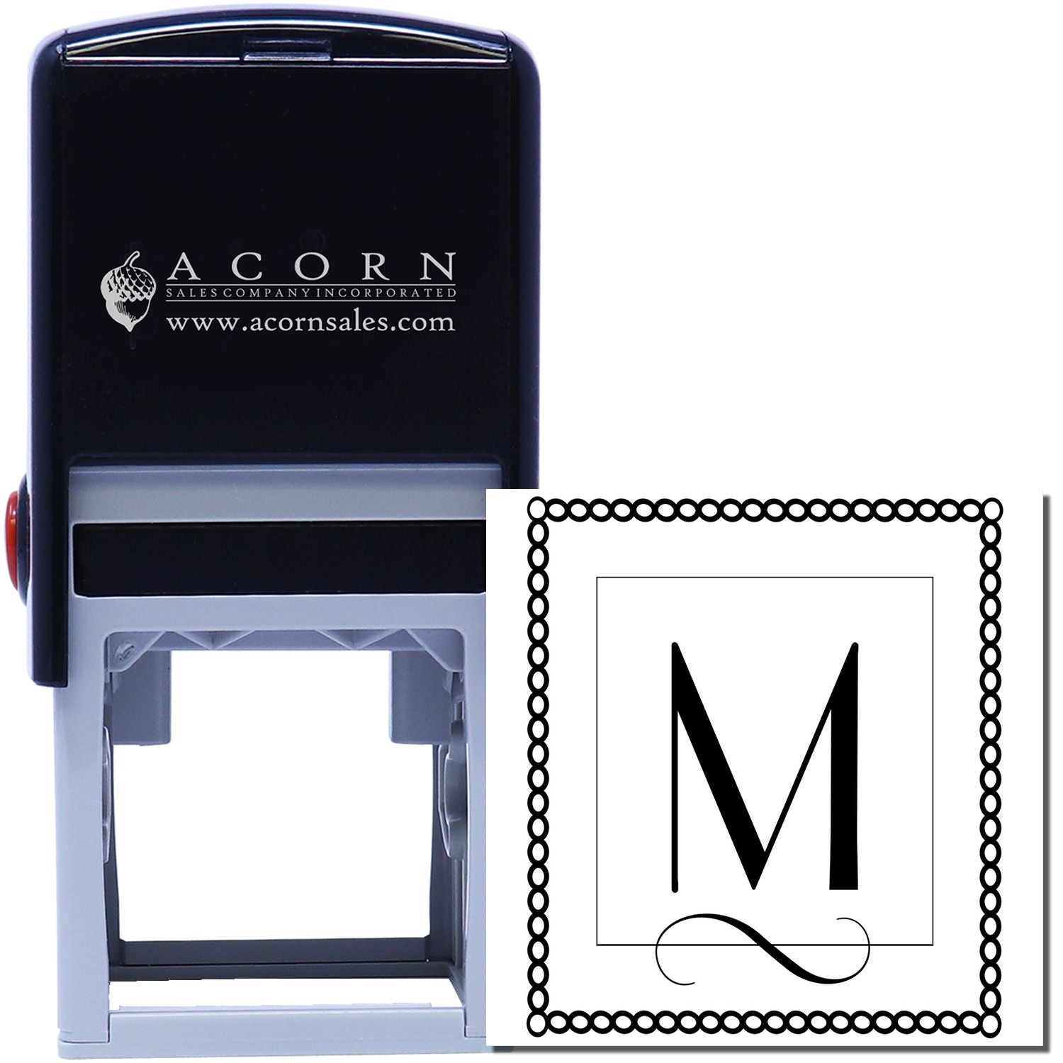Custom self-inking rubber stamp with monogram M and decorative border for personalized business or address stamping