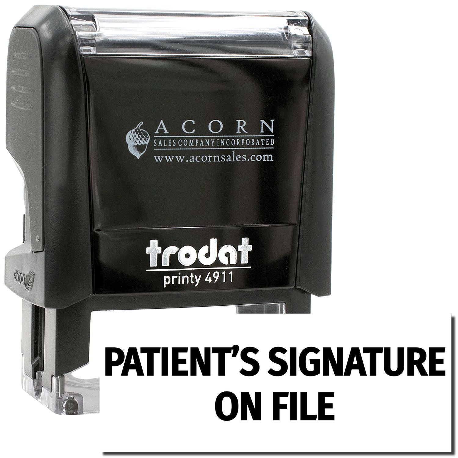 Trodat Printy 4911 self-inking stamp with Patients Signature On File text for medical office use