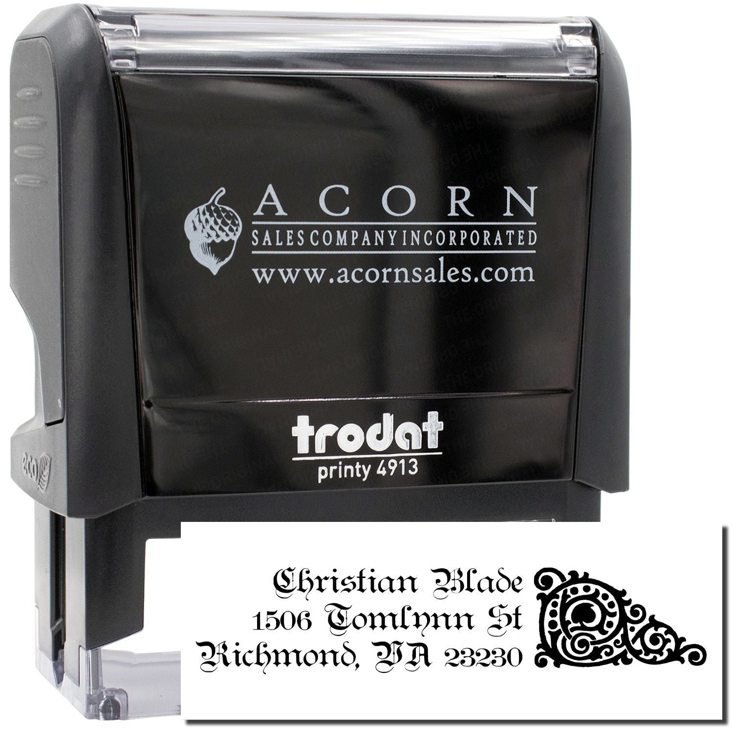 Custom self-inking rubber address stamp with logo, showing Trodat Printy 4913 and decorative name-and-address imprint.