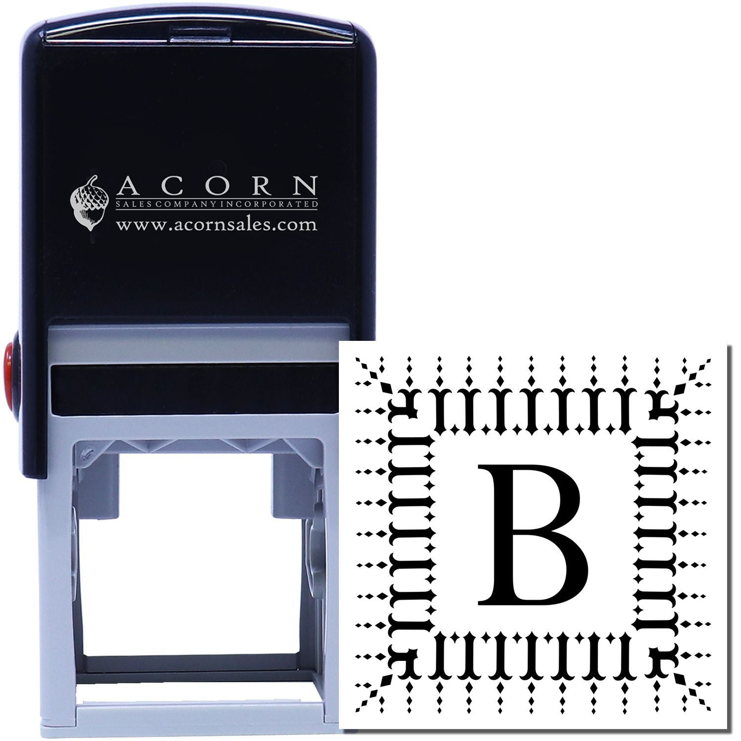 Self-inking custom rubber stamp with decorative monogram letter B for personalized business branding
