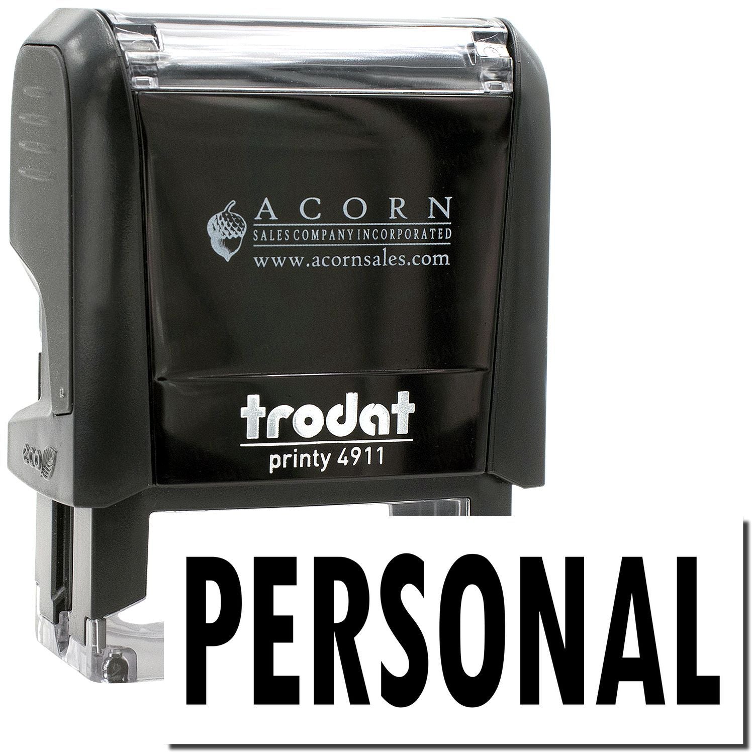 Black Trodat Printy 4911 personal self-inking stamp with Acorn Sales branding.