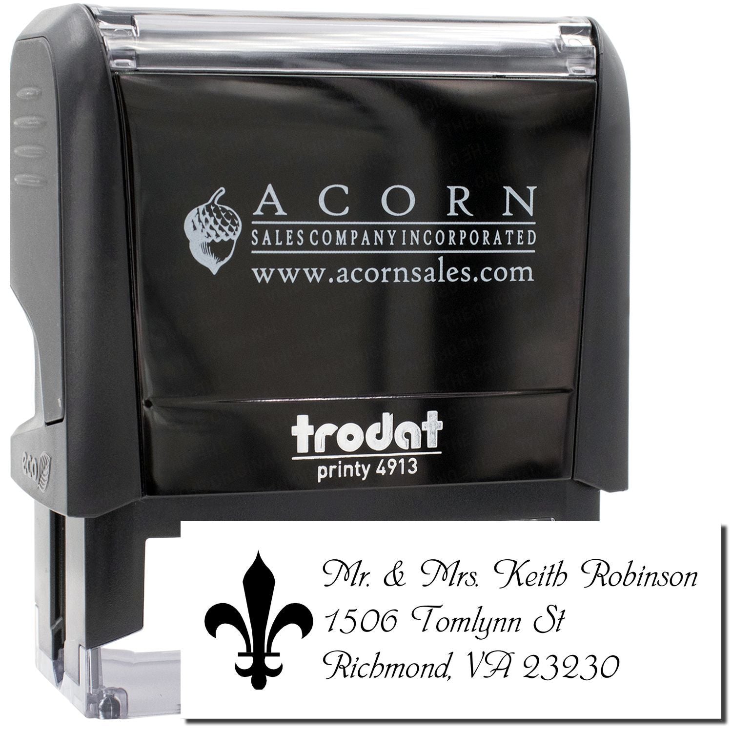 Trodat self-inking address rubber stamp with custom name, address, and fleur-de-lis design for personalized mailing labels