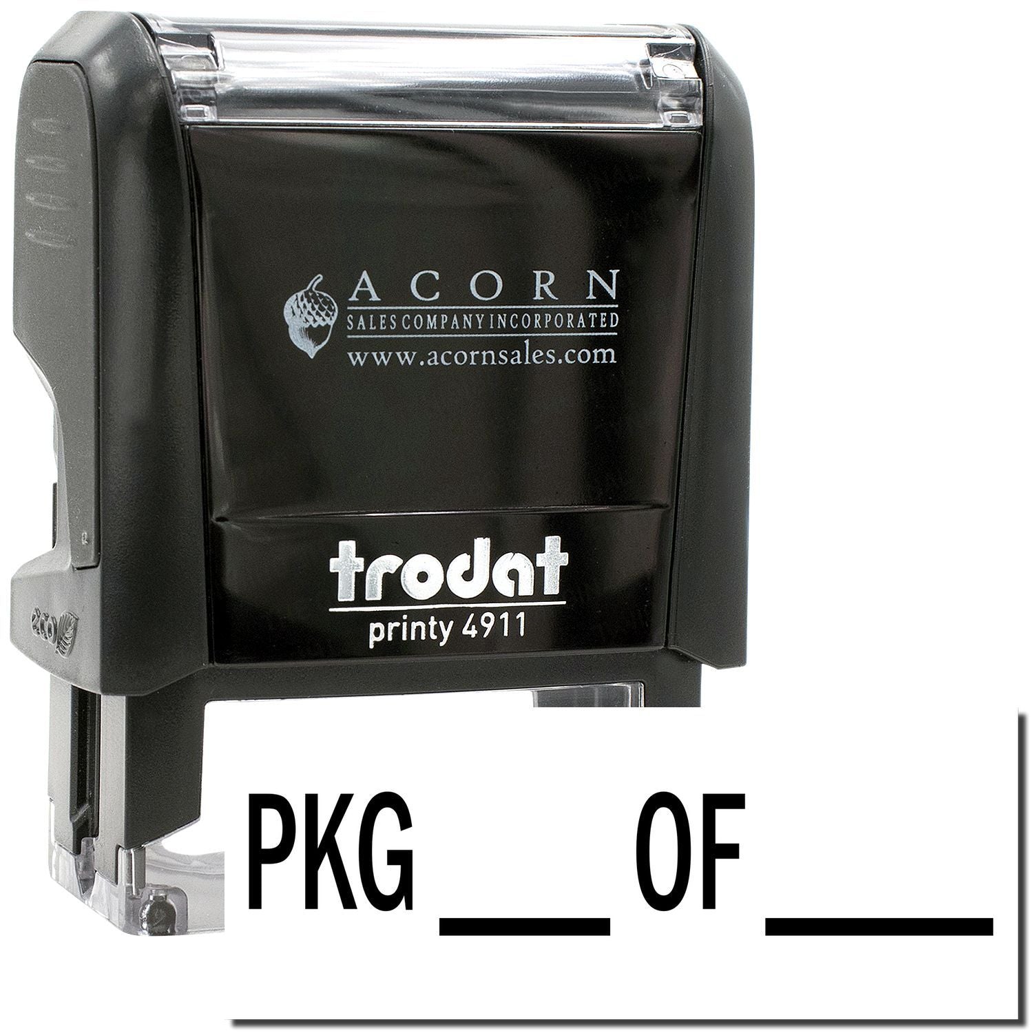 Trodat Printy 4911 self-inking rubber stamp by Acorn Sales, black custom stamp with clear cap