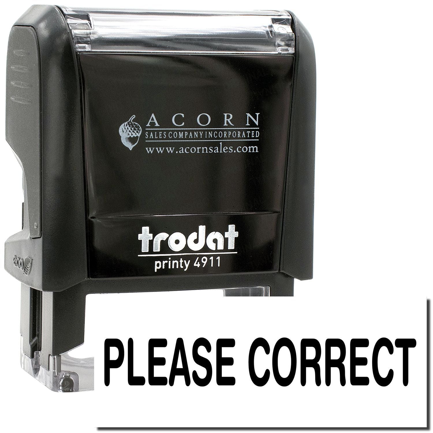 Trodat Printy 4911 self-inking rubber stamp with Please Correct text, black Acorn Sales Company stamp.