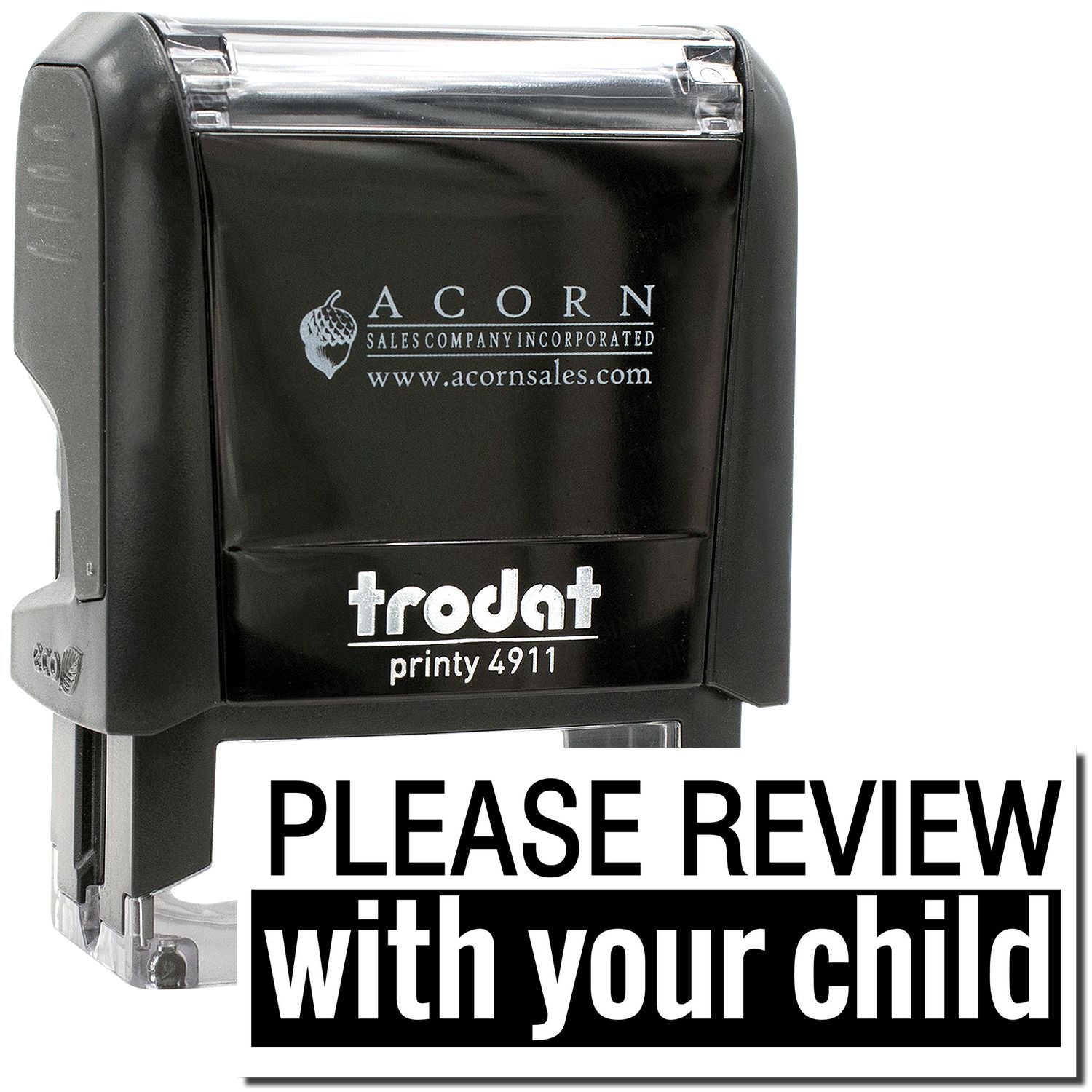 Black Trodat Printy 4911 self-inking stamp with Please review with your child message and Acorn Sales Company branding.