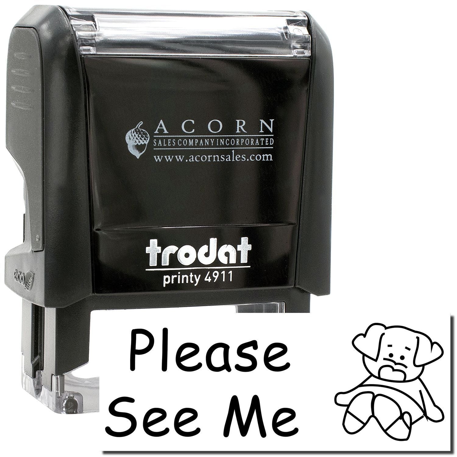 Trodat Printy 4911 self-inking stamp with Please See Me custom text design, black office rubber stamp on white background.