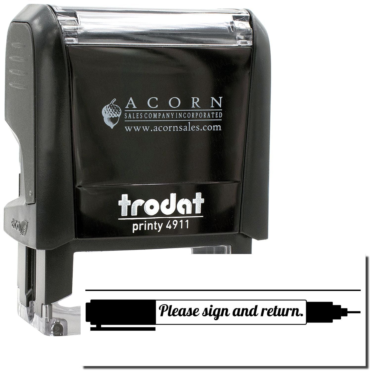 Trodat Printy 4911 self-inking Please sign and return stamp on a black Acorn Sales office stamp image