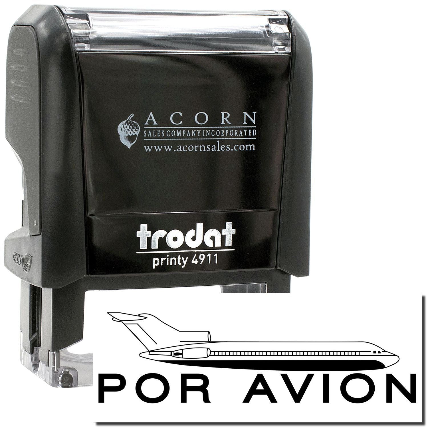 Trodat Printy 4911 self-inking Por Avion air mail stamp with airplane icon