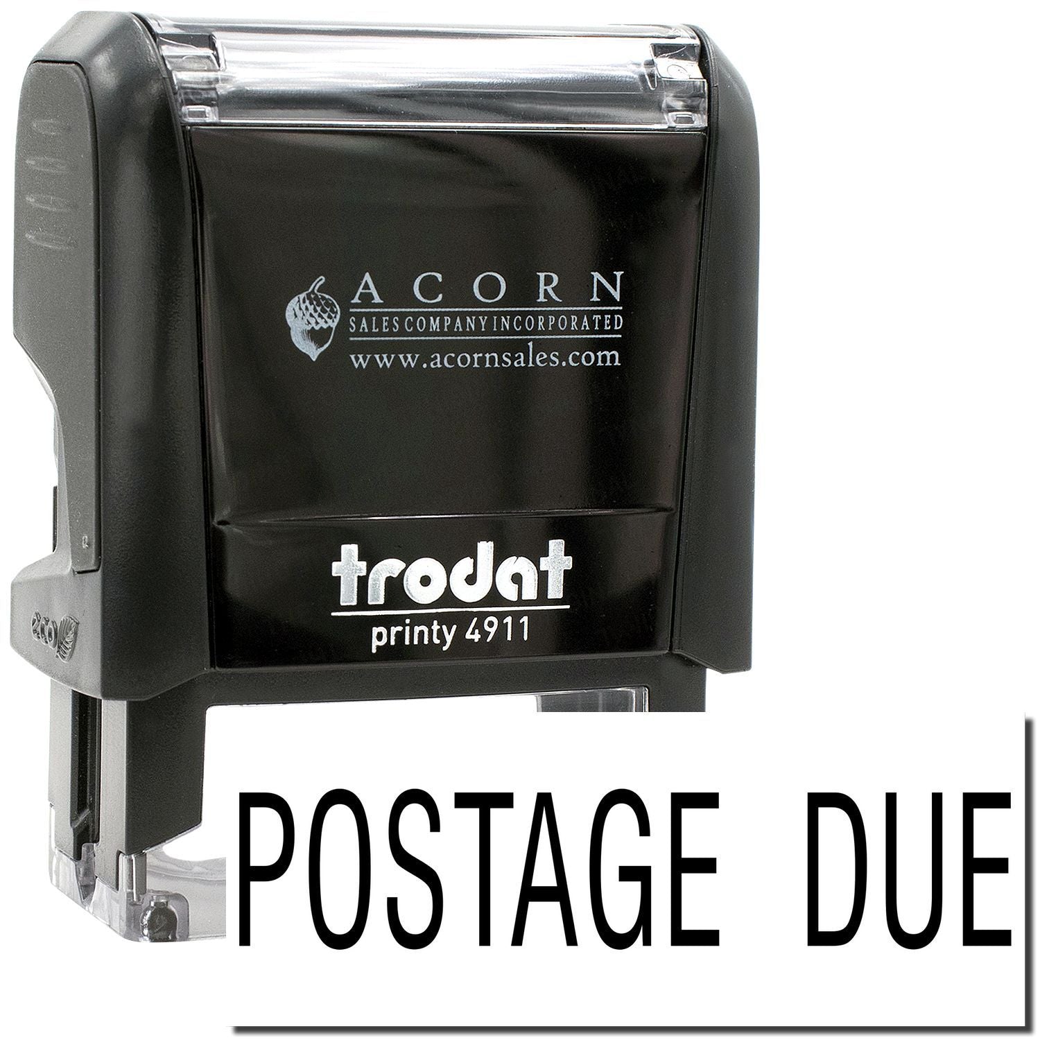Trodat Printy 4911 black postage due stamp by Acorn Sales, isolated on white background