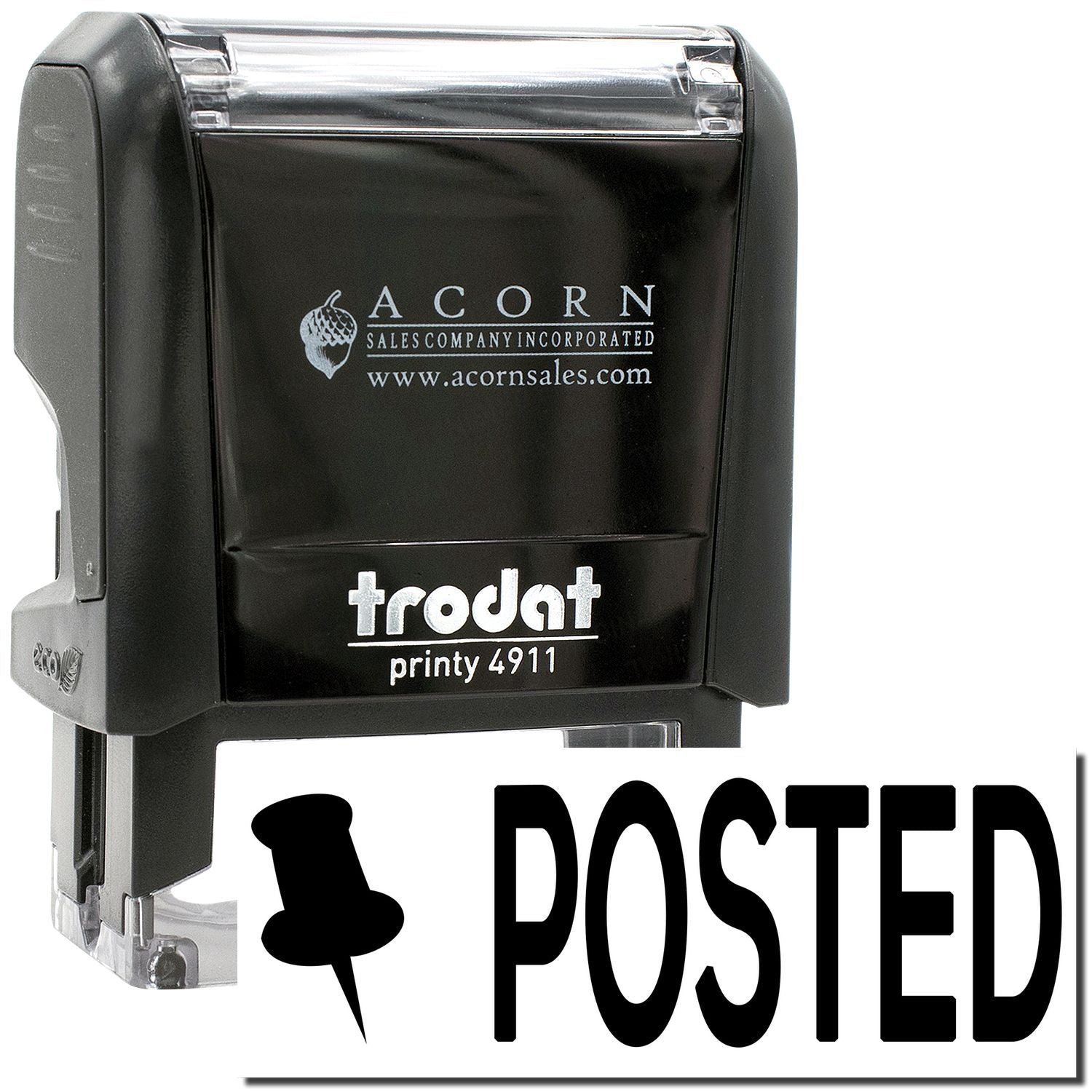 Trodat Printy 4911 self-inking posted stamp by Acorn Sales Company, black office date stamp with POSTED imprint.