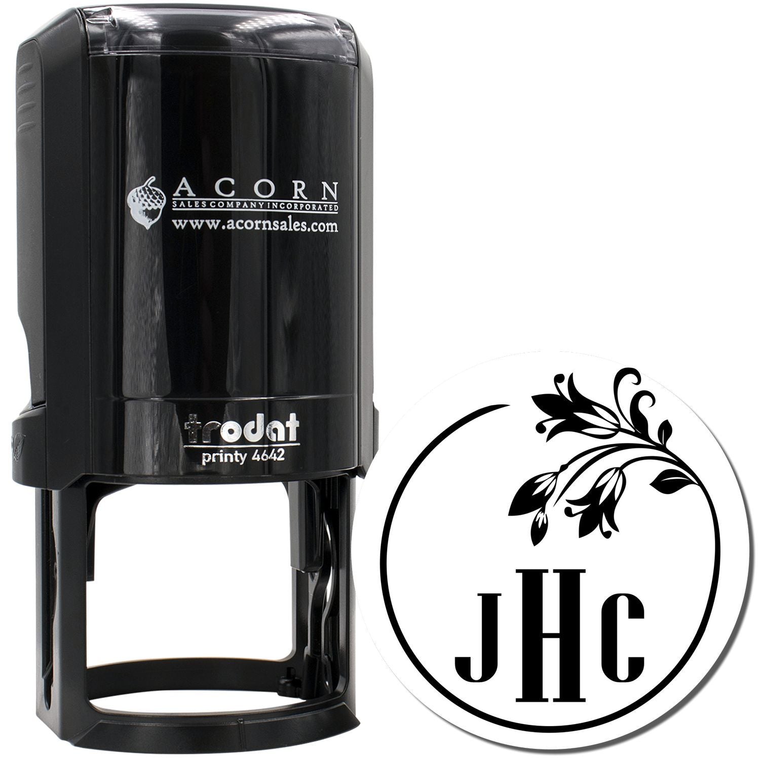 Custom self-inking rubber stamp with floral monogram circle design and initials JHC, ideal for personalized business or wedding stamps.
