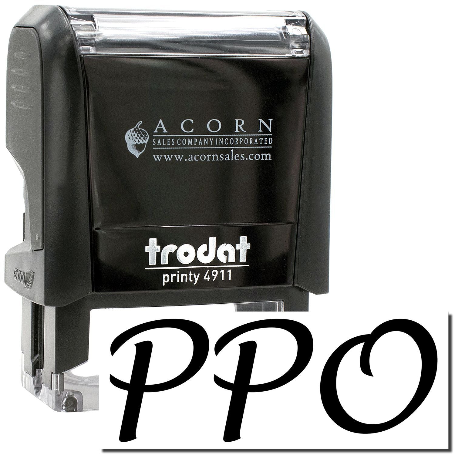 Black Trodat Printy 4911 self-inking stamp with Acorn Sales branding and PPO logo