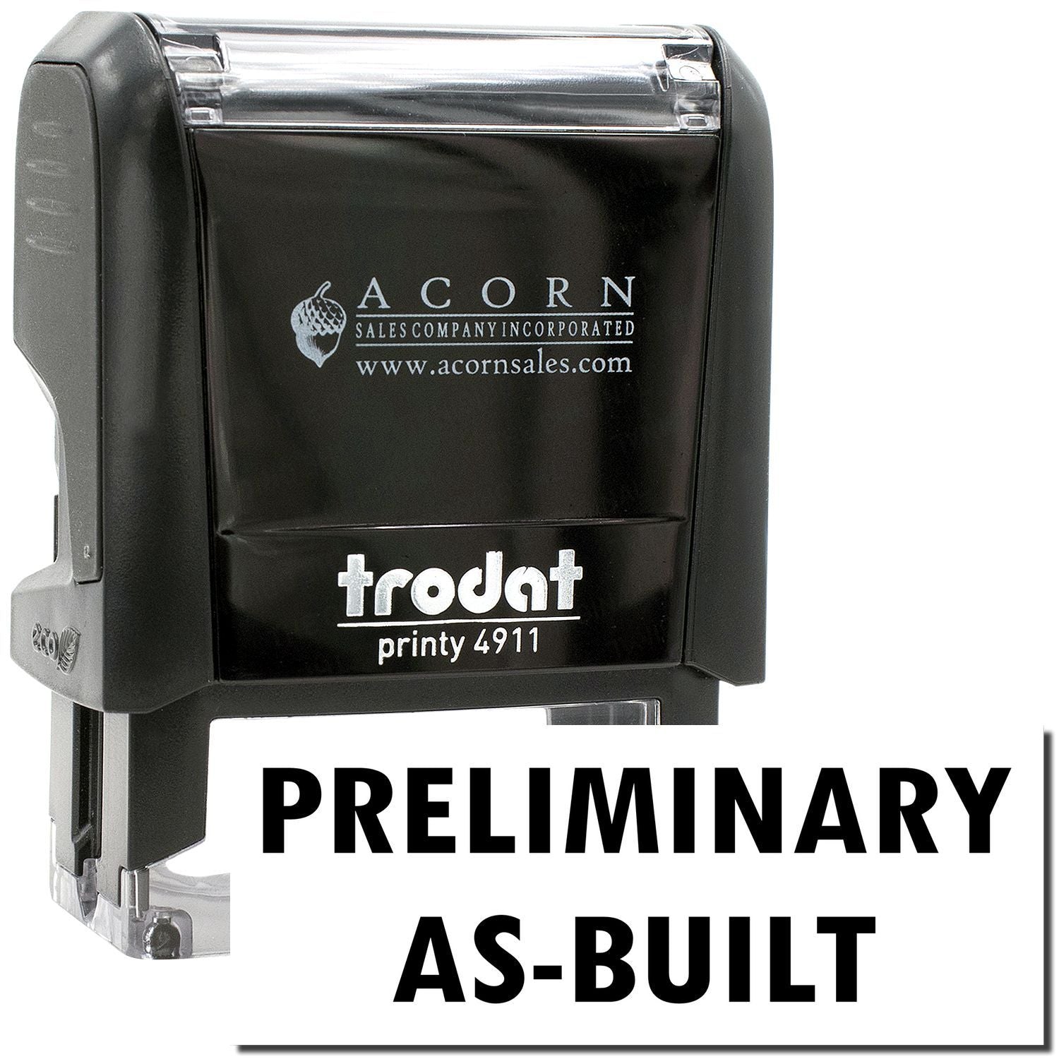 Black Trodat Printy 4911 self-inking stamp with Preliminary As-Built text for office and construction documents
