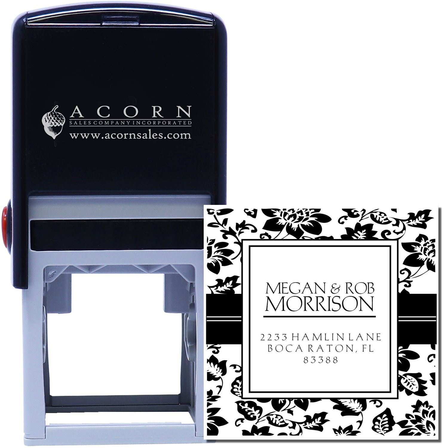 Personalized self-inking return address rubber stamp with floral border for wedding invitations and mailings