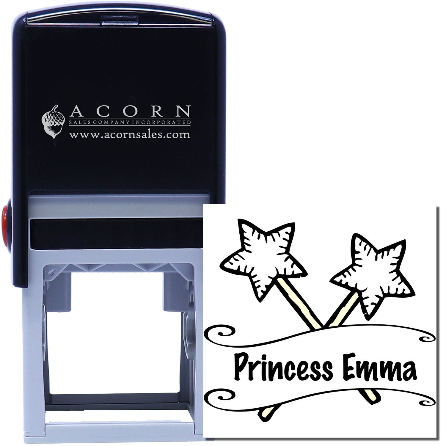 Custom self-inking rubber stamp with Princess Emma design, ideal for personalized stationery, crafts, and custom stamping.