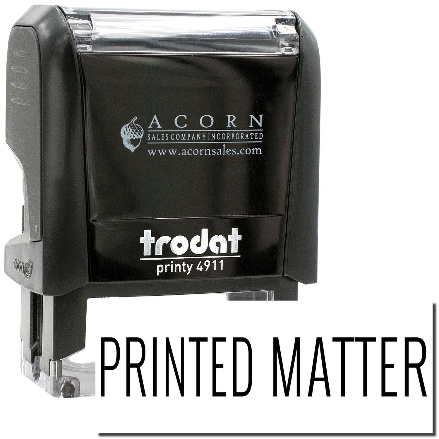 Black Trodat Printy 4911 self-inking stamp with Acorn Sales logo and Printed Matter text on white background