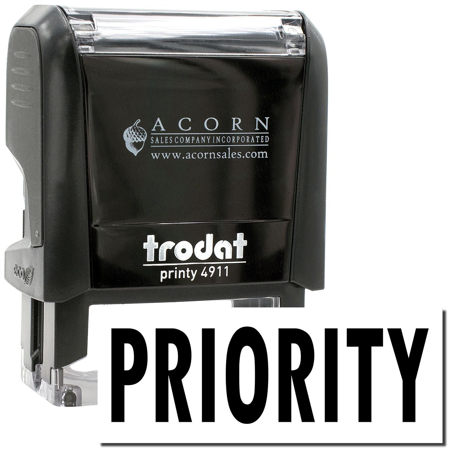 Trodat Printy 4911 Priority self-inking stamp with black ink and transparent cover, office supply for marking important documents.