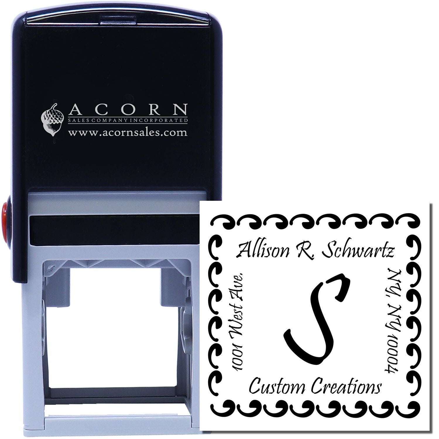 Custom self-inking rubber stamp with personalized name and address design for business or return address use.