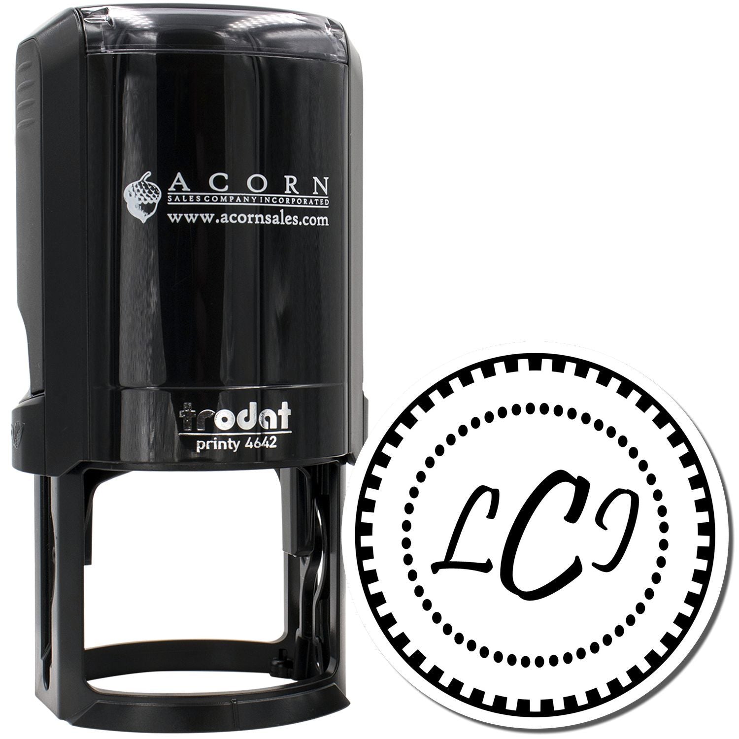 Custom self-inking round rubber stamp with logo imprint, ideal for business branding and professional document marking.