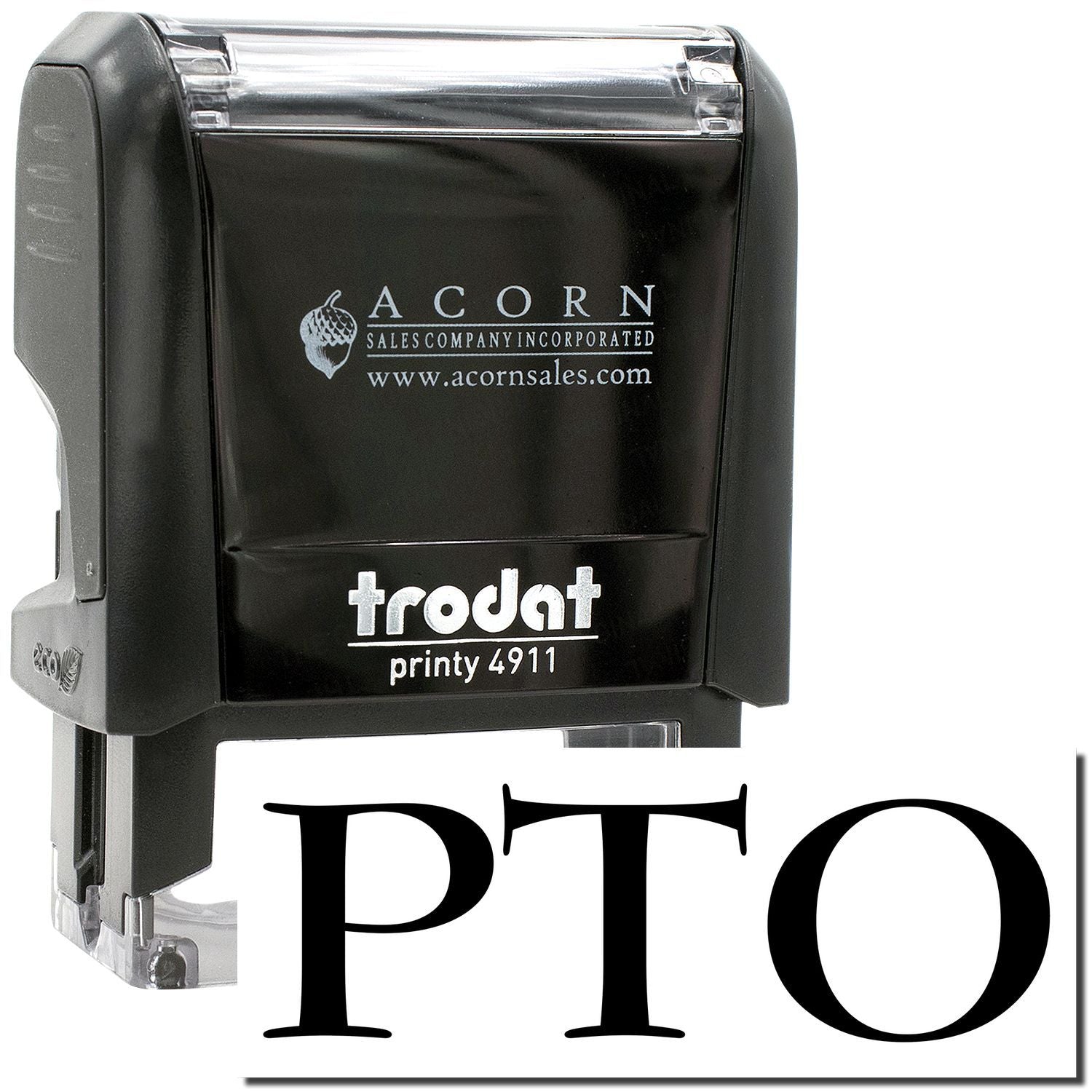 Trodat Printy 4911 PTO self-inking stamp with Acorn Sales Company logo in black and clear casing