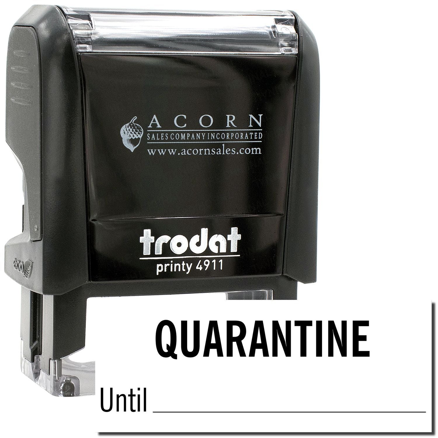 Black Trodat Printy 4911 quarantine stamp with blank date line for medical or office use
