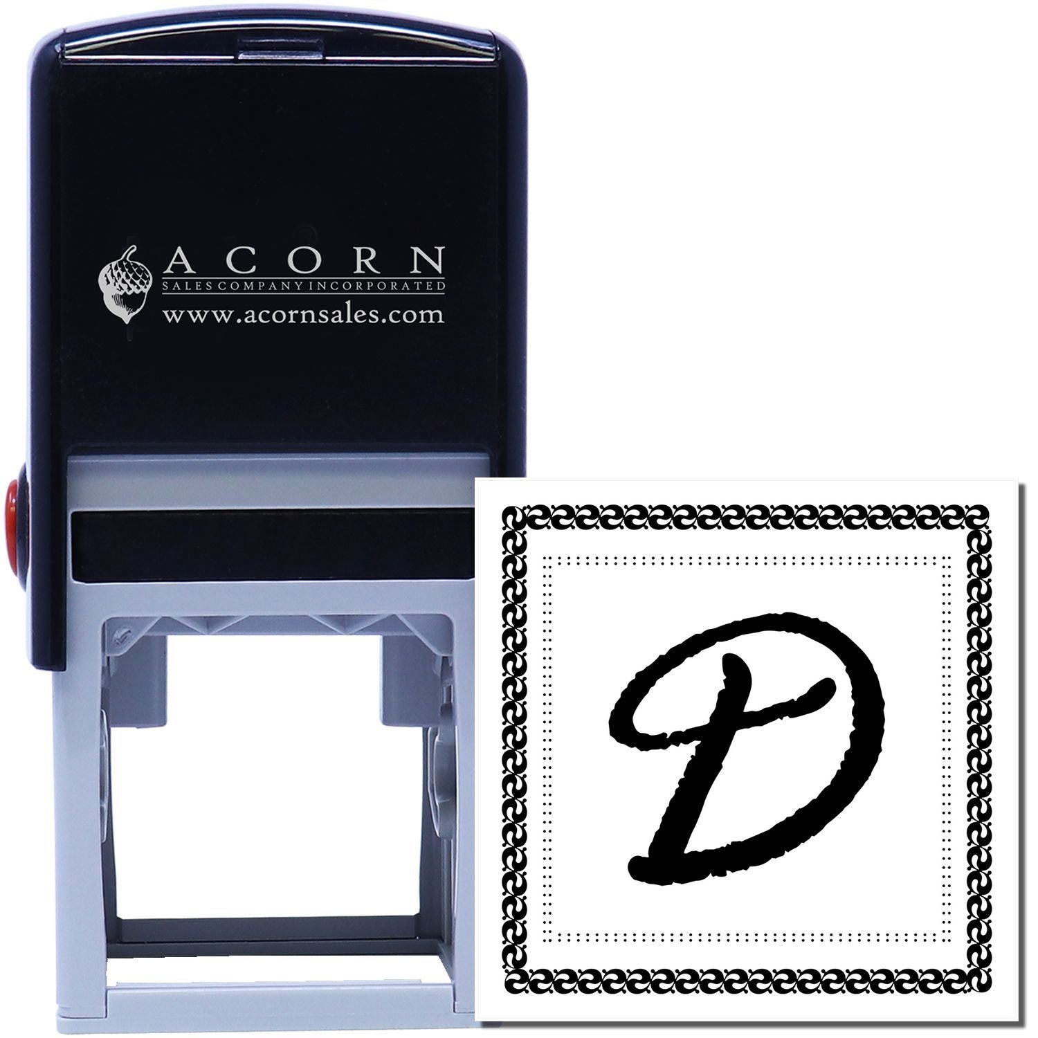 Custom self-inking rubber stamp with decorative border and letter D imprint for business branding, office paperwork, and stationery use.