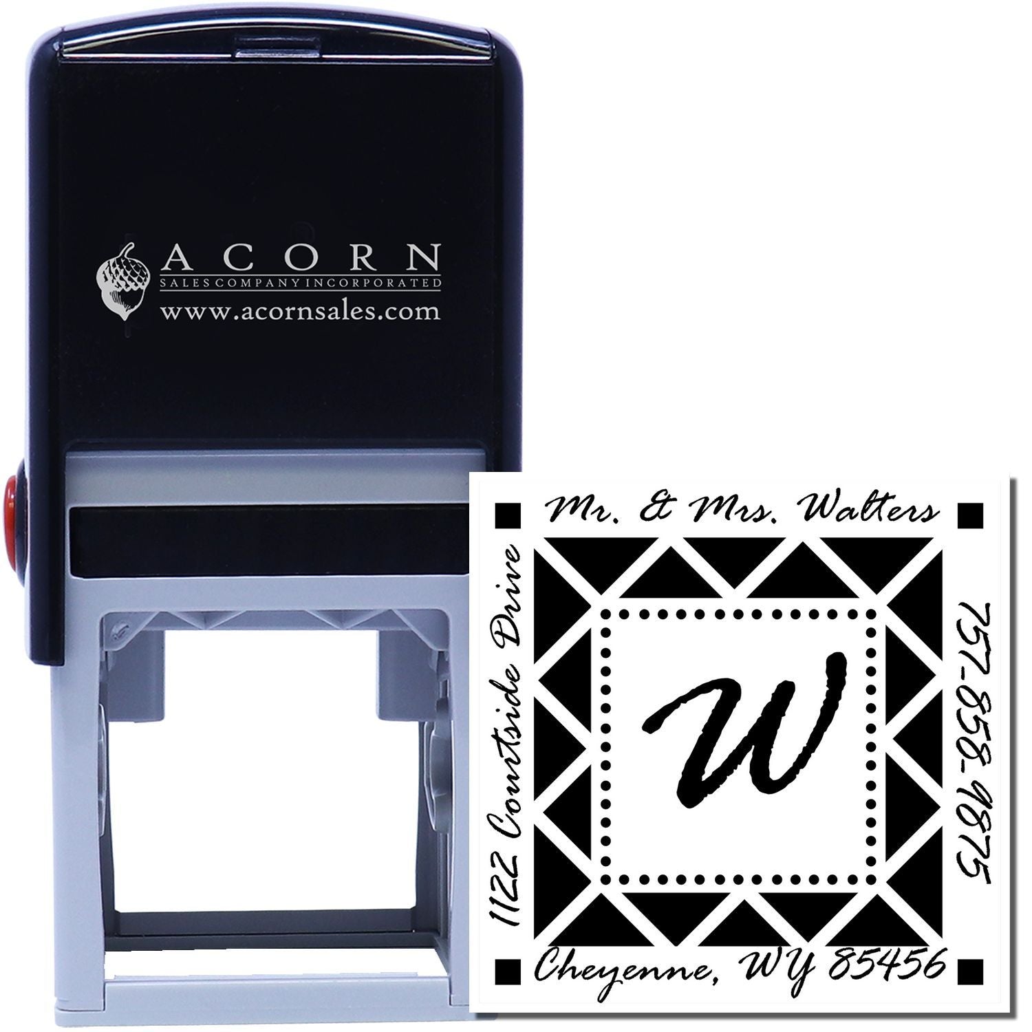 Custom self-inking rubber address stamp with monogram and return address for Mr. & Mrs. Walters, Cheyenne, WY.