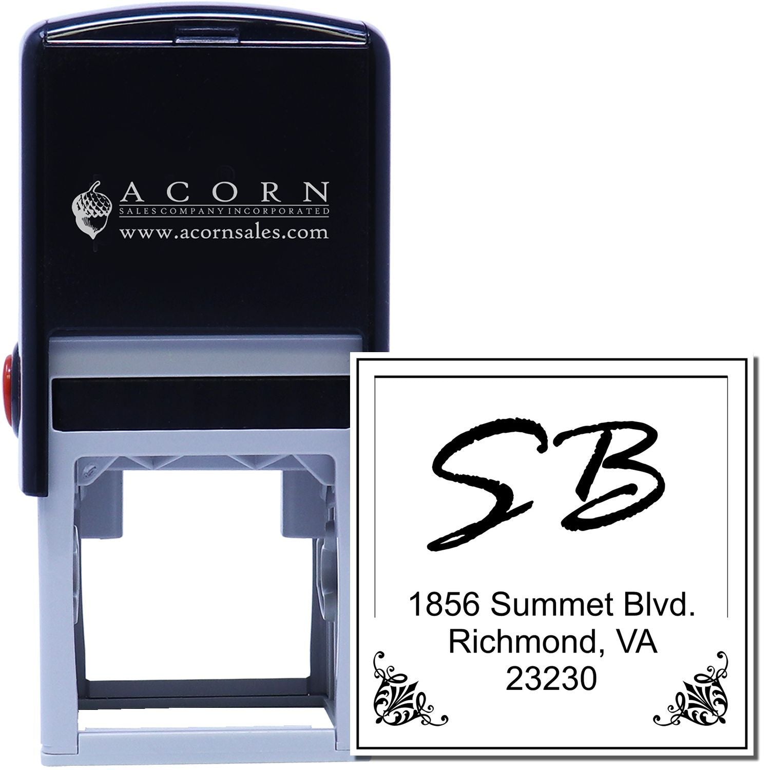 Personalized self-inking return address rubber stamp with monogram and custom address imprint.