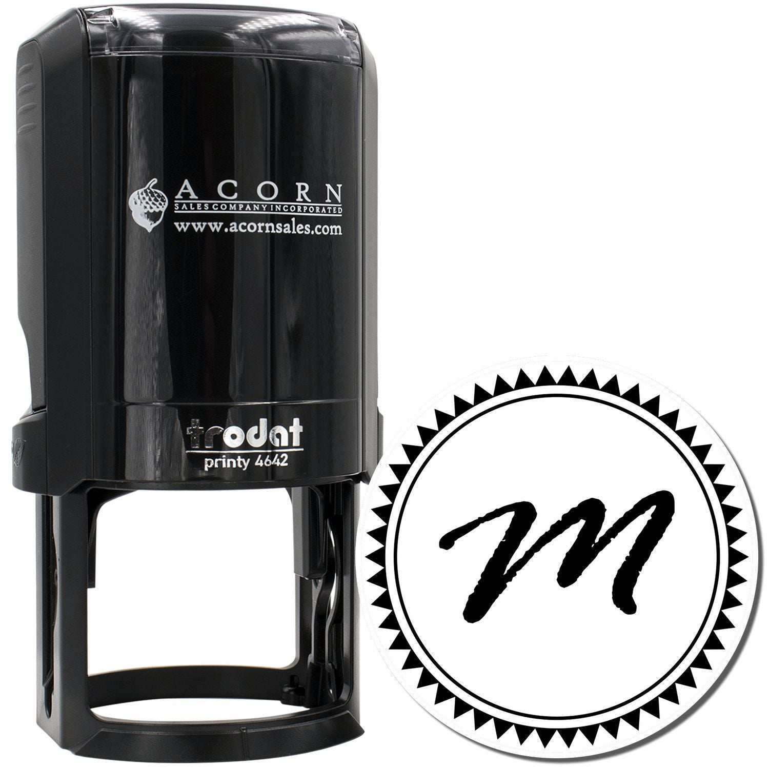 Custom self-inking rubber stamp with circular monogram design for business branding and personalized logo stamping.