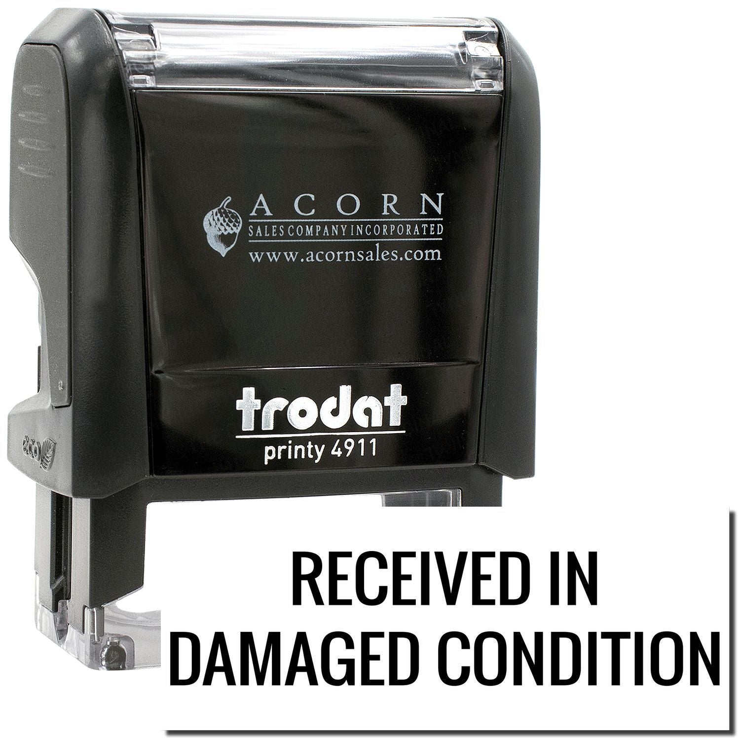 Trodat Printy 4911 self-inking stamp with received in damaged condition impression and Acorn Sales branding.