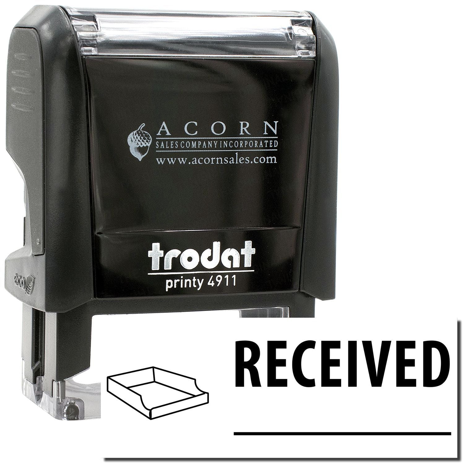 Black Trodat Printy 4911 self-inking received stamp with Acorn Sales branding.