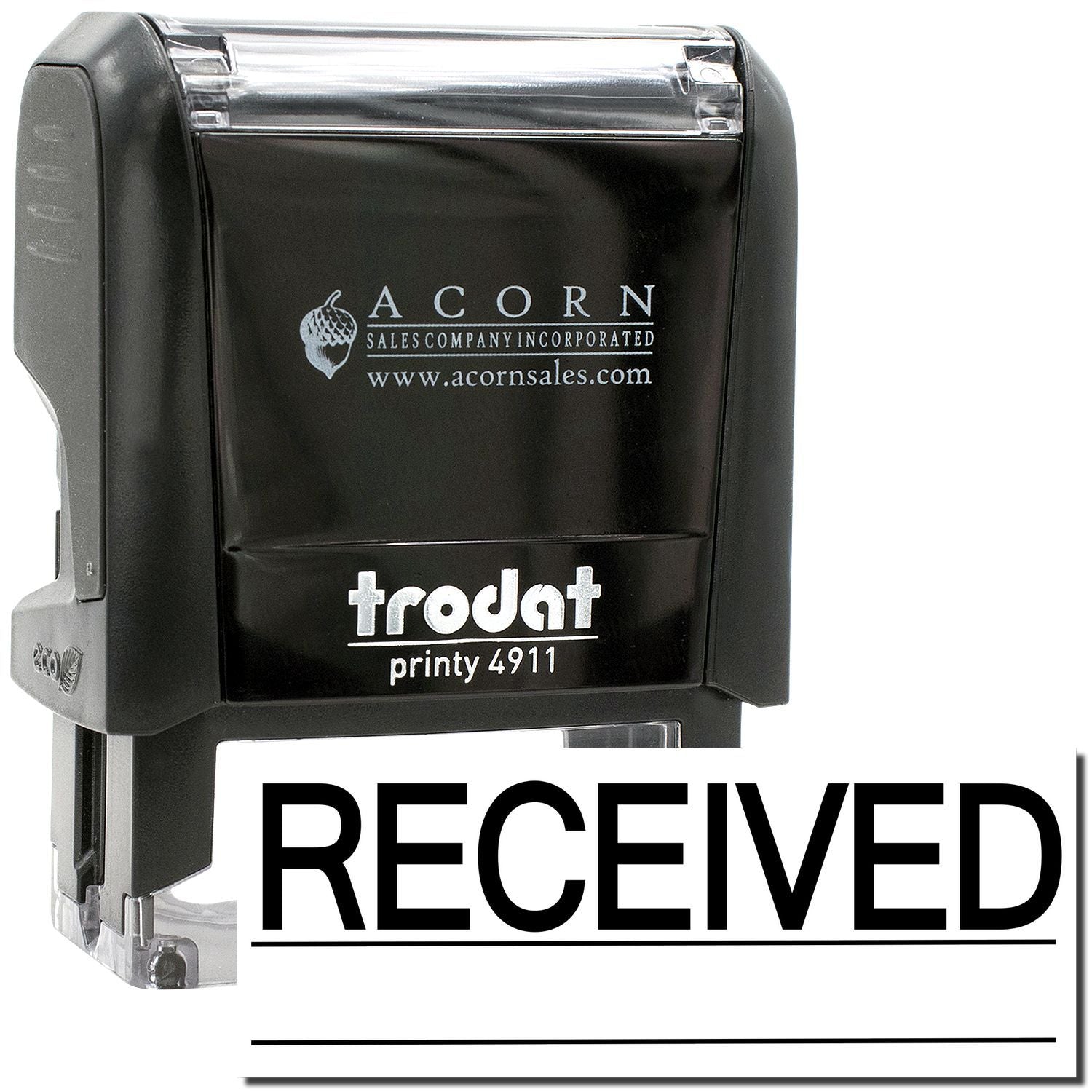 Black Trodat Printy 4911 self-inking RECEIVED stamp with Acorn Sales Company logo, office date stamp tool
