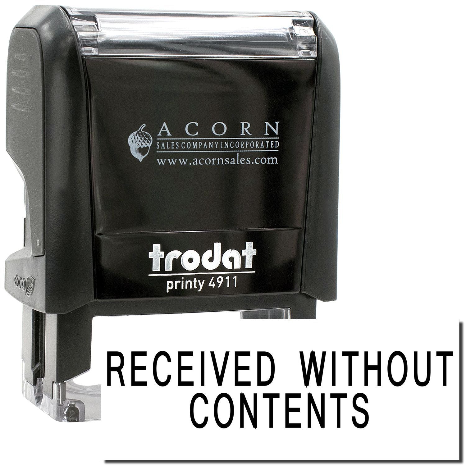 Black Trodat Printy 4911 self-inking stamp with Received Without Contents imprint, Acorn Sales branded return label stamp