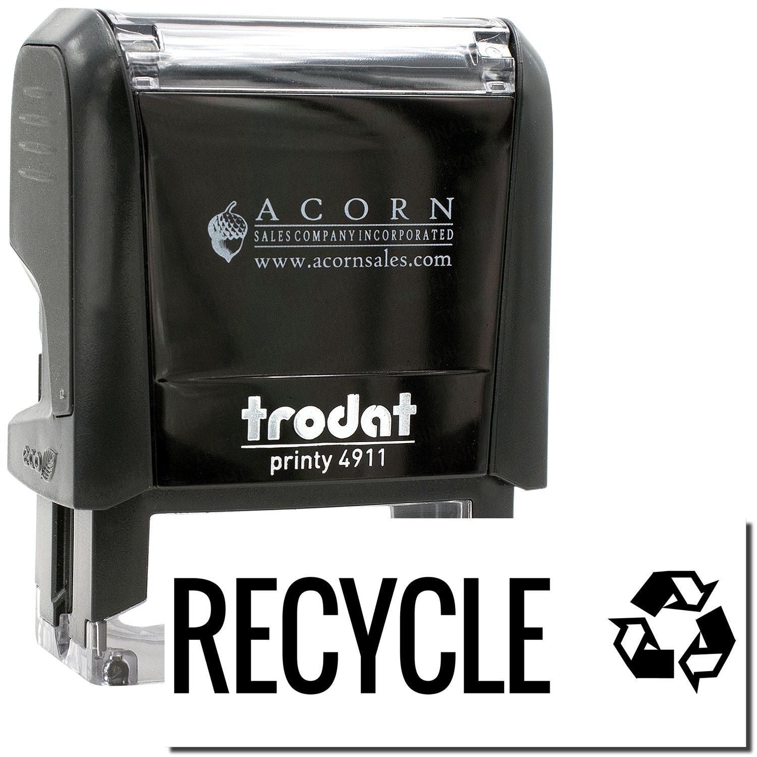 Black Trodat Printy 4911 self-inking recycle stamp with recycle symbol and Acorn Sales branding