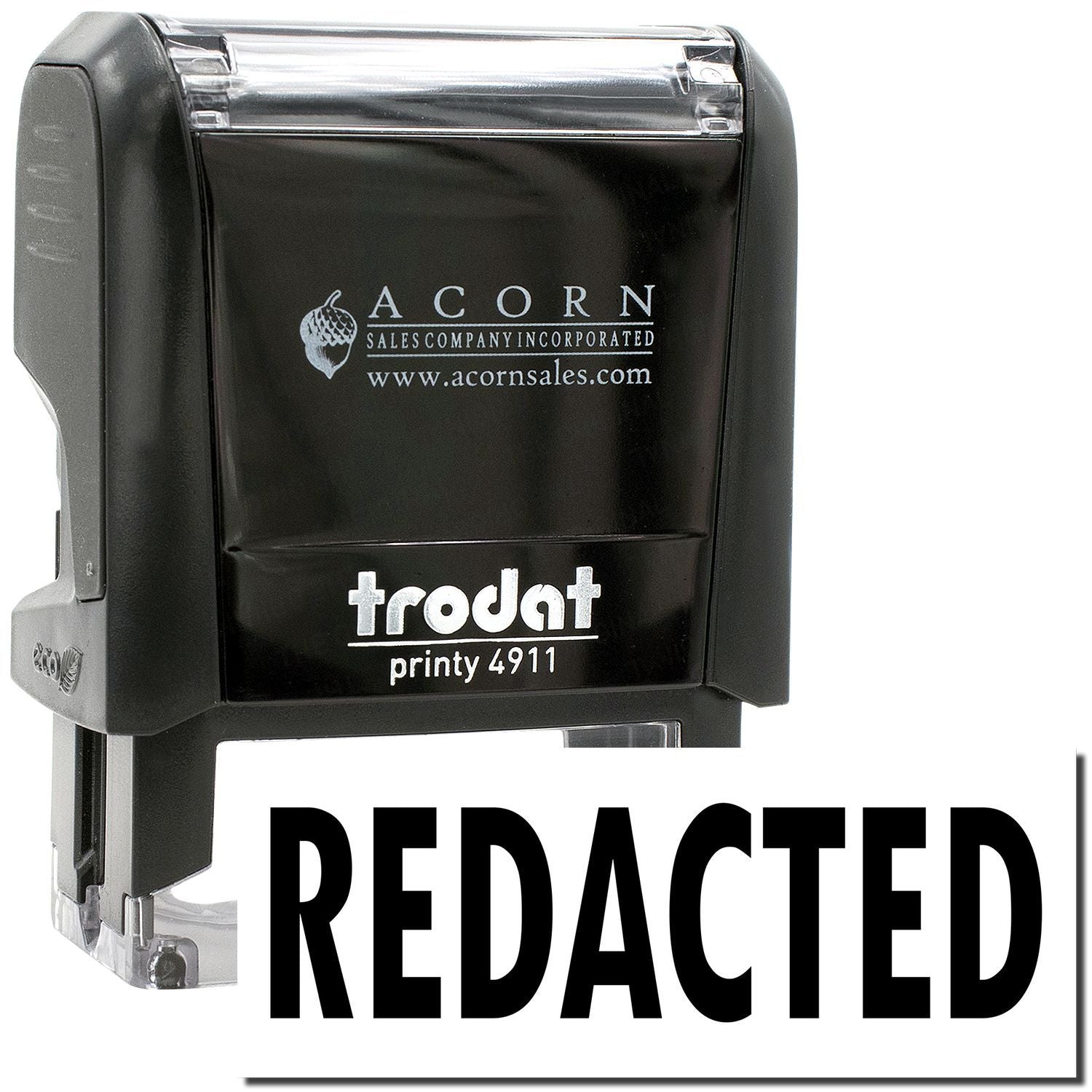 Trodat Printy 4911 self-inking rubber stamp with redacted text, black Acorn Sales stamp pad holder