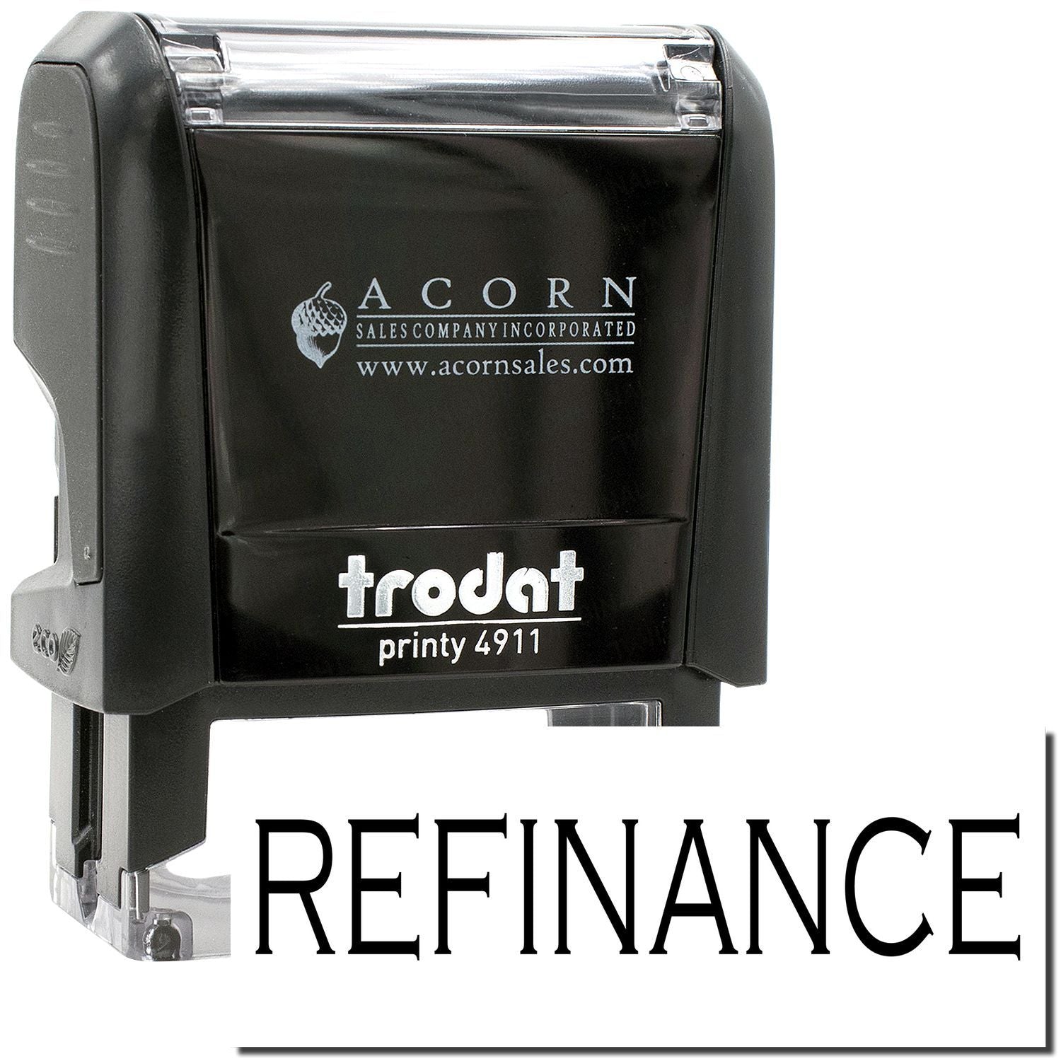 Trodat Printy 4911 black self-inking refinance stamp with Acorn Sales branding