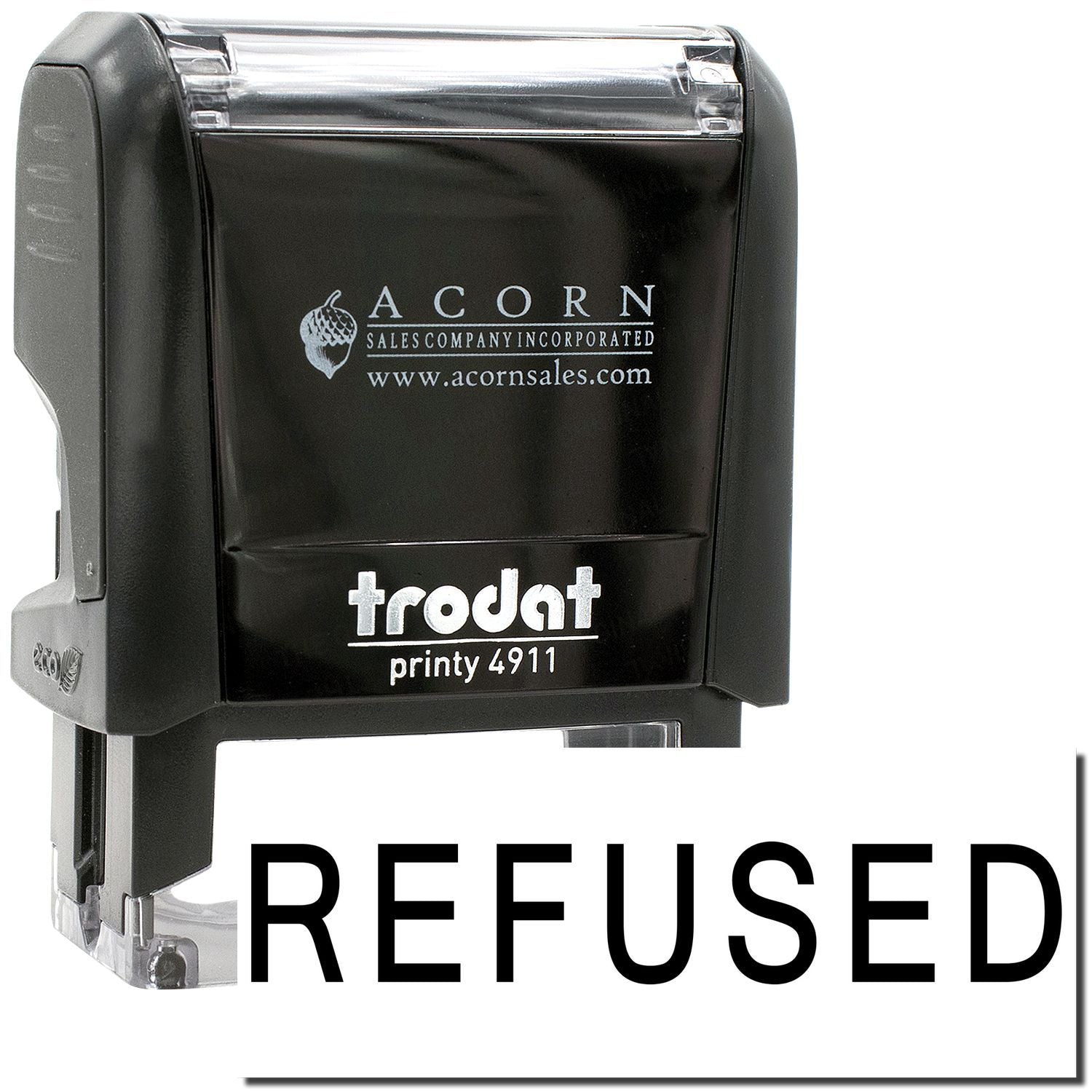 Black Trodat Printy 4911 self-inking REFUSED stamp with Acorn Sales logo on white background
