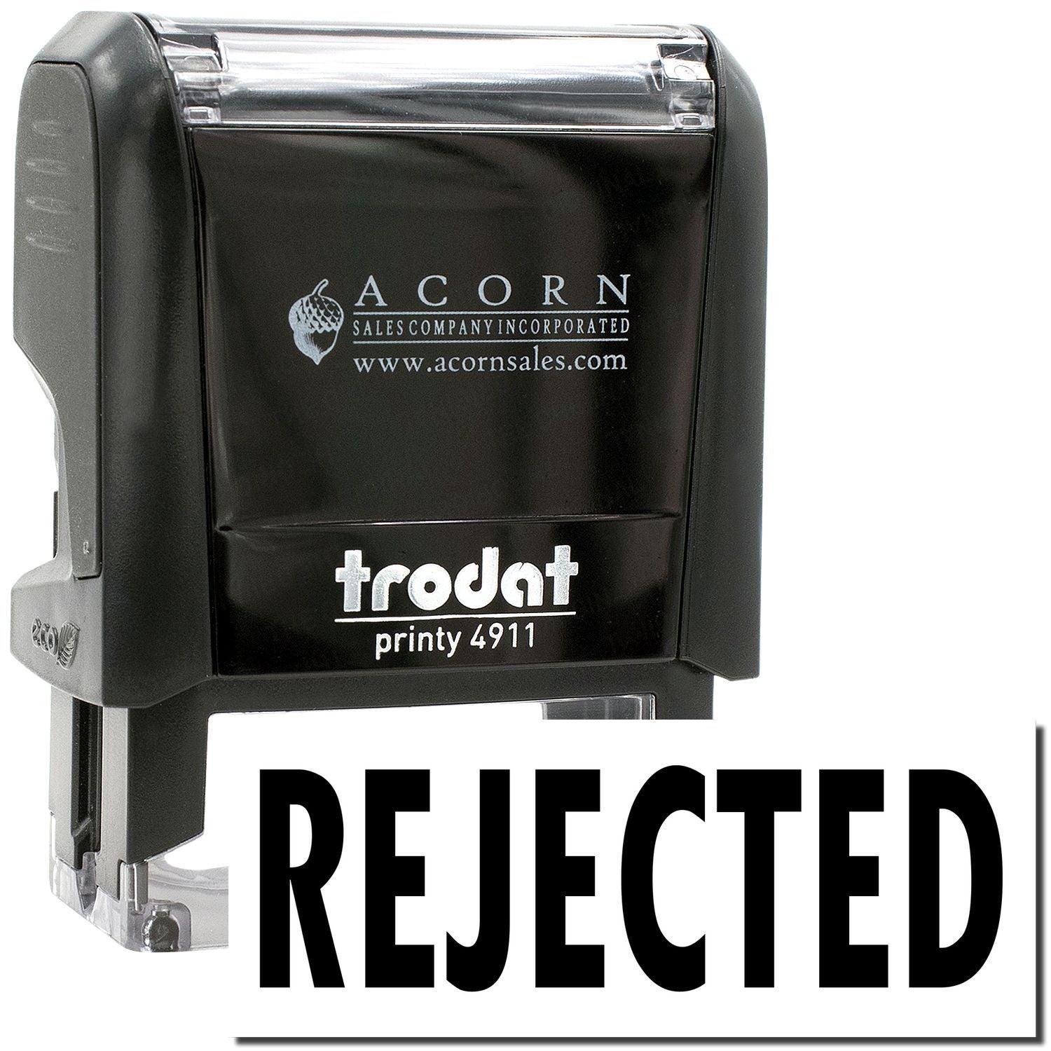 Black Trodat Printy 4911 self-inking Rejected stamp with Acorn Sales logo and clear mount, office document approval tool.