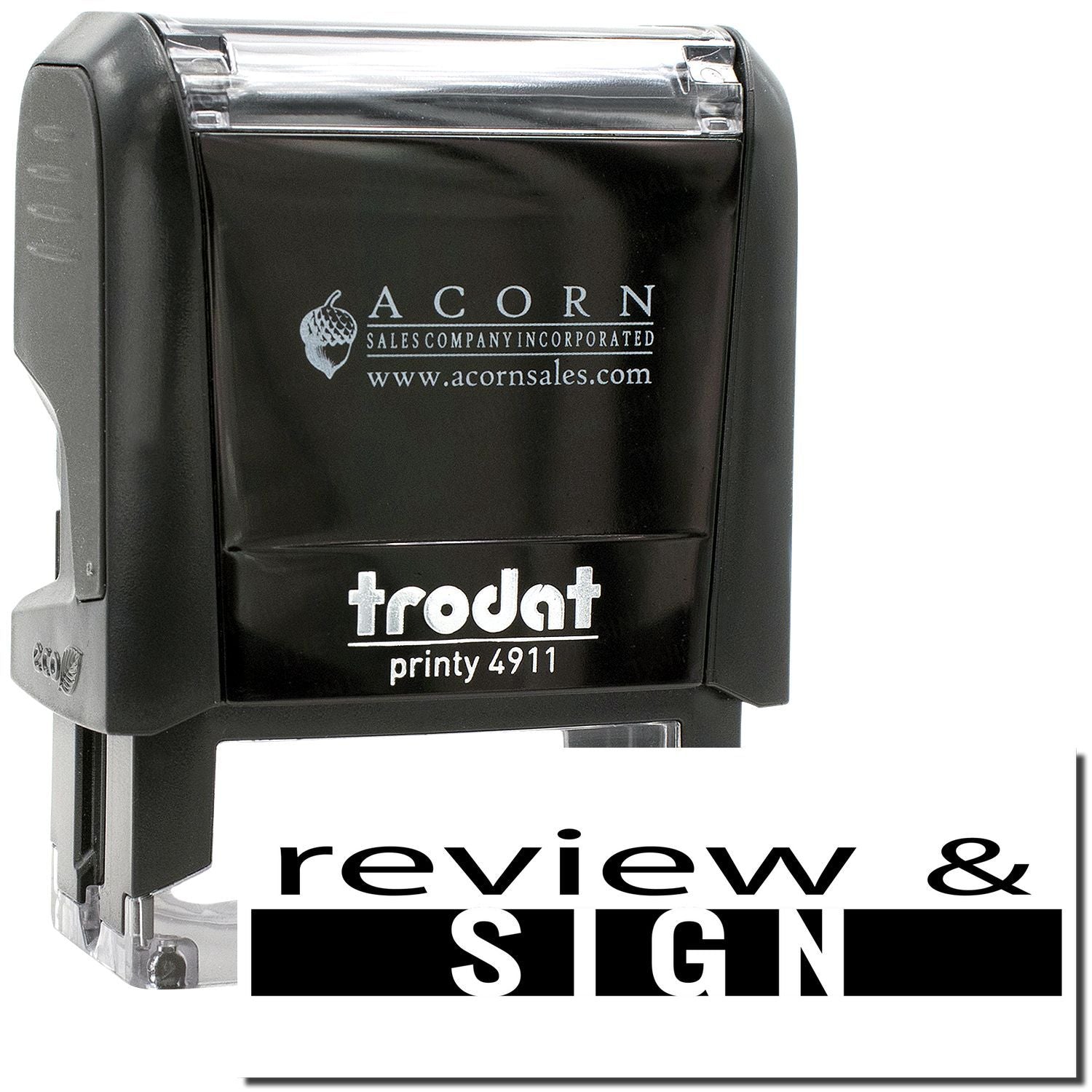 Trodat Printy 4911 self-inking stamp with Review & Sign text, black Acorn Sales Company ink stamp.
