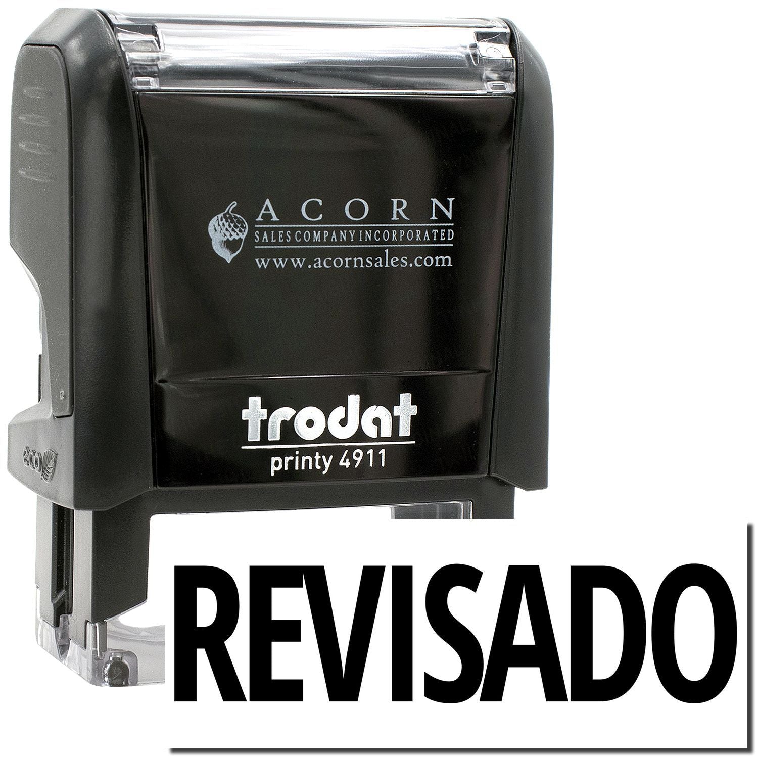 Black Trodat Printy 4911 self-inking stamp with Acorn Sales Company logo and REVISADO imprint text