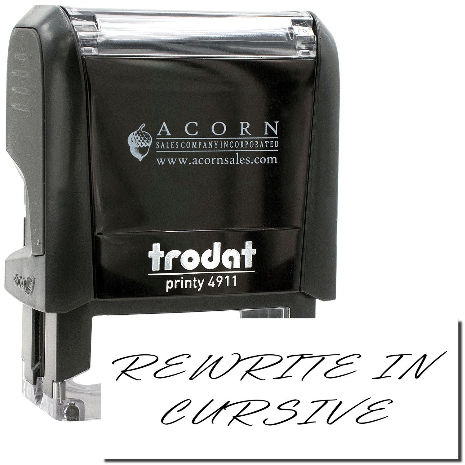 Black Trodat Printy 4911 self-inking stamp with Rewrite in Cursive text and Acorn Sales branding.