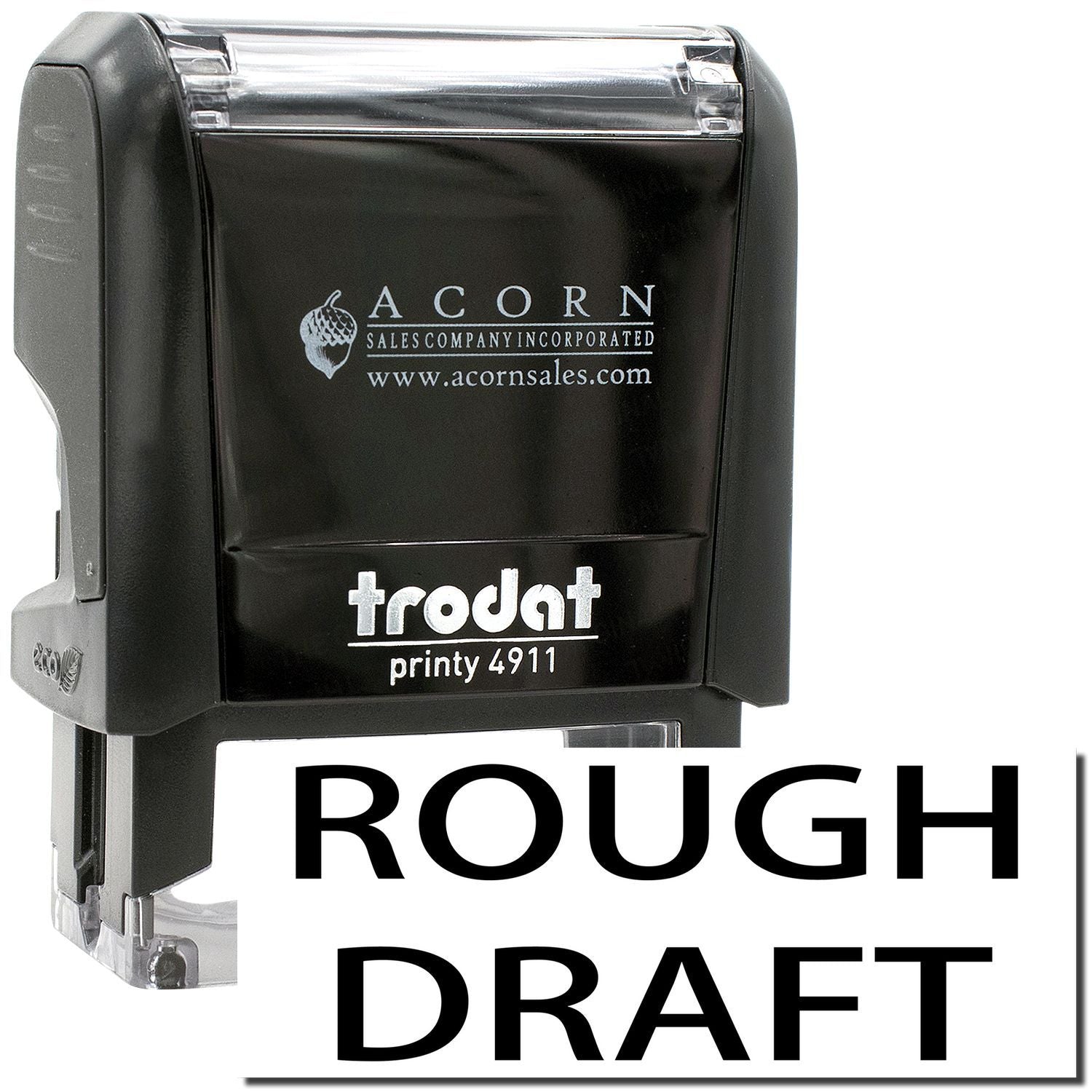 Black Trodat Printy 4911 self-inking rough draft stamp by Acorn Sales, clear office marking tool.