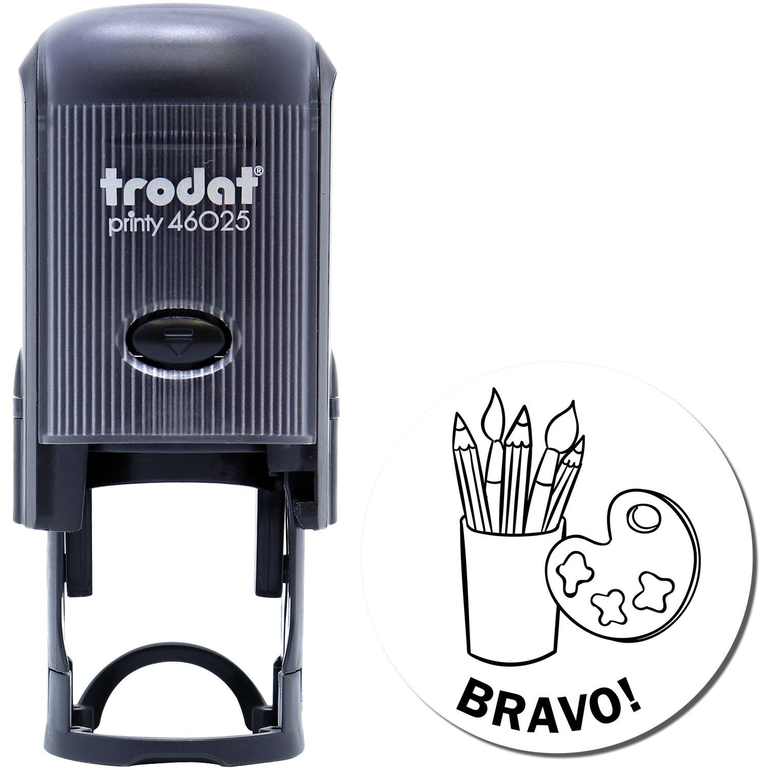 Trodat Printy 46025 self-inking stamp with BRAVO pencil and art palette design