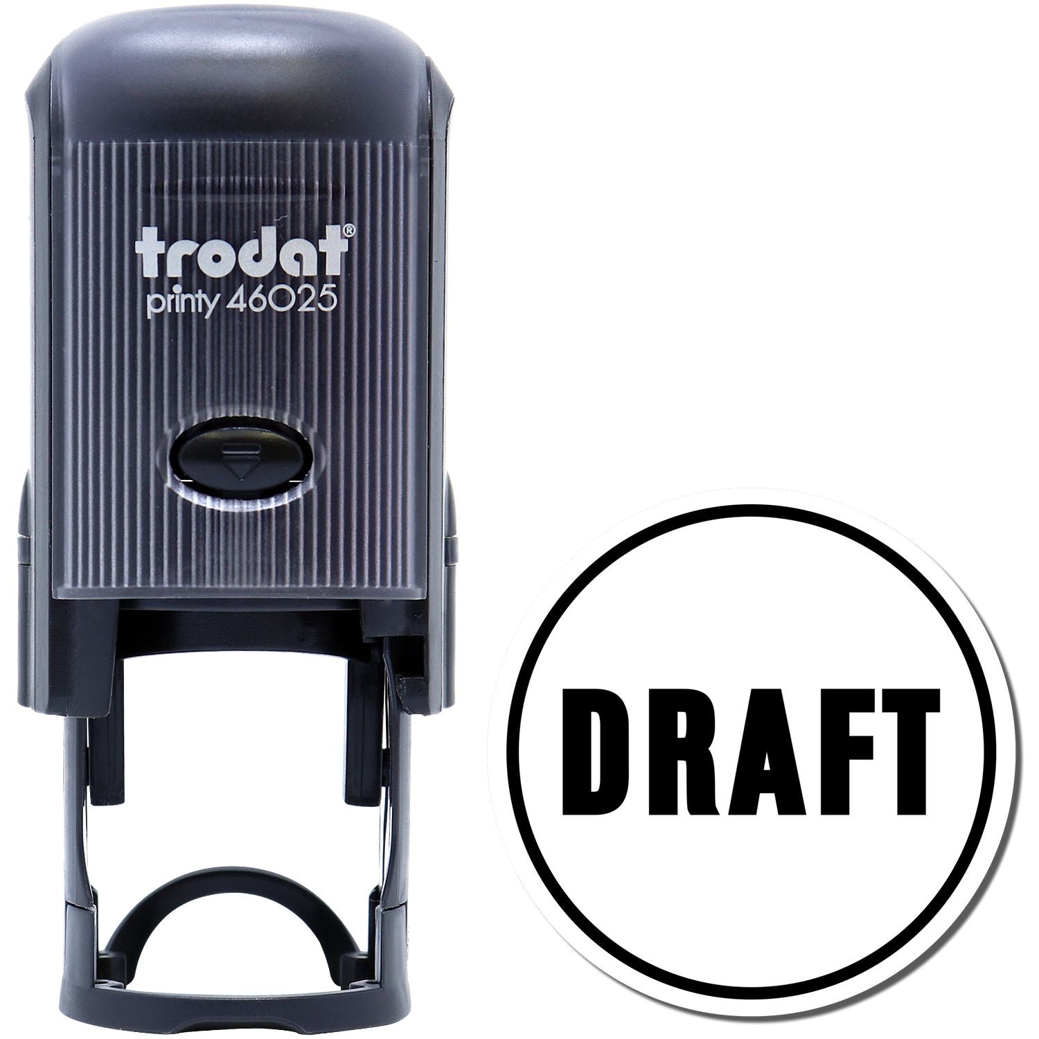 Trodat Printy 46025 self-inking draft stamp in black, office document marking tool with DRAFT imprint.