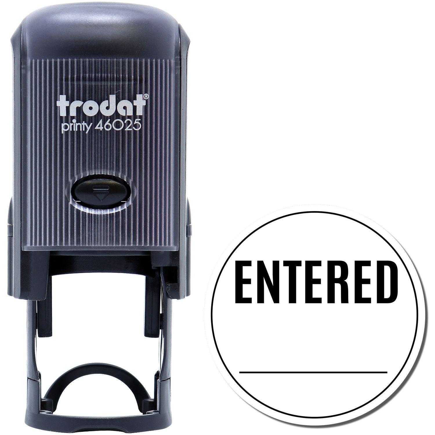 Trodat Printy 46025 self-inking ENTERED stamp with blank date line, black office rubber stamp on white background
