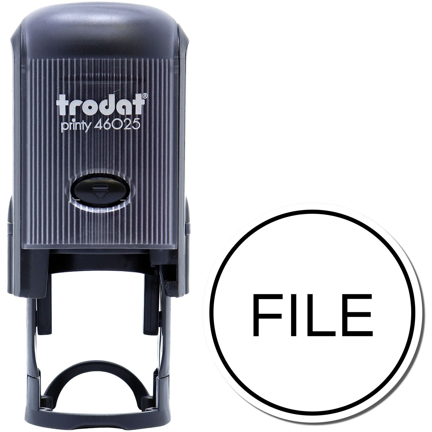Trodat Printy 46025 self-inking file stamp, black office document stamp on white background.