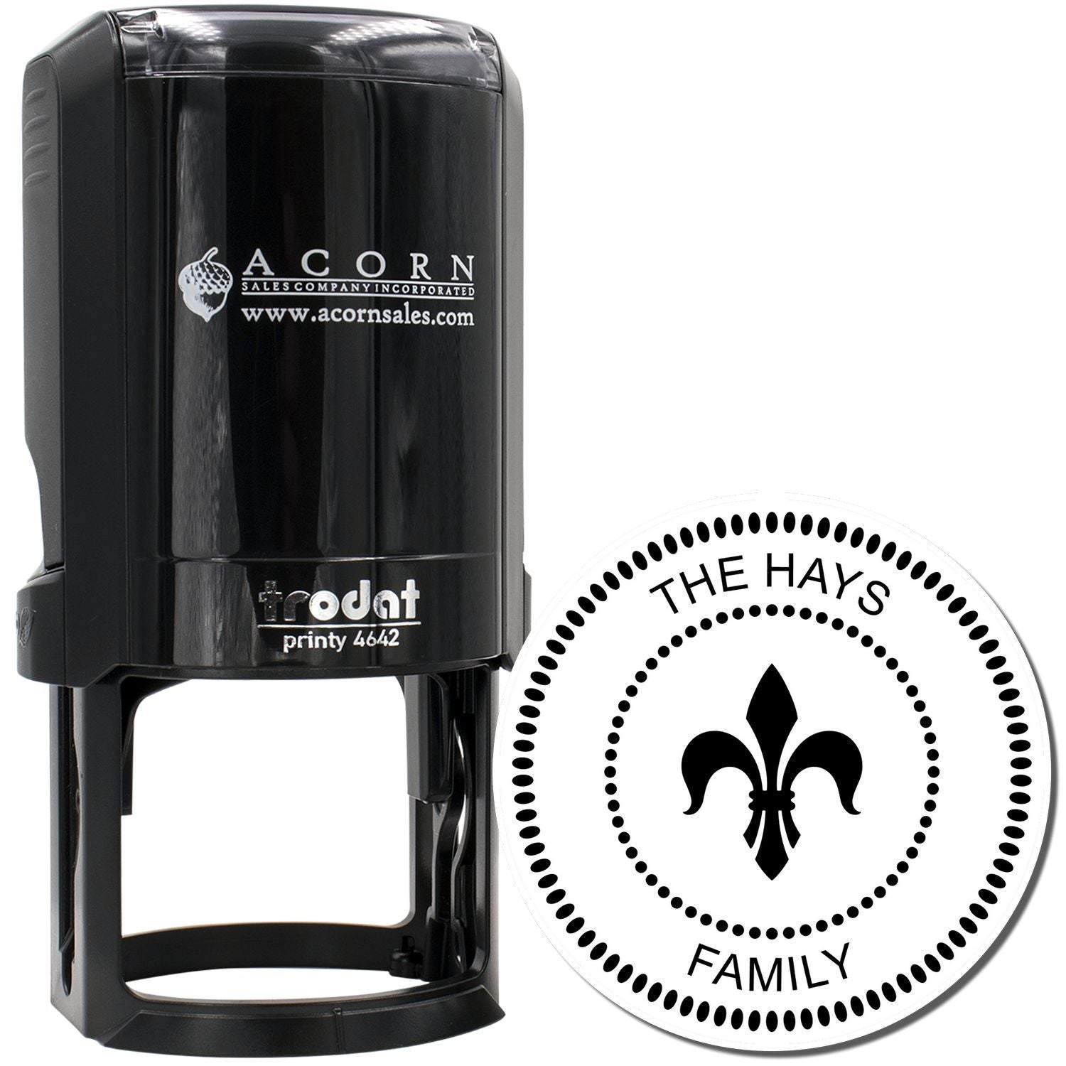 Personalized self-inking rubber stamp with "The Hays Family" fleur-de-lis design for crafts, cards, and mail