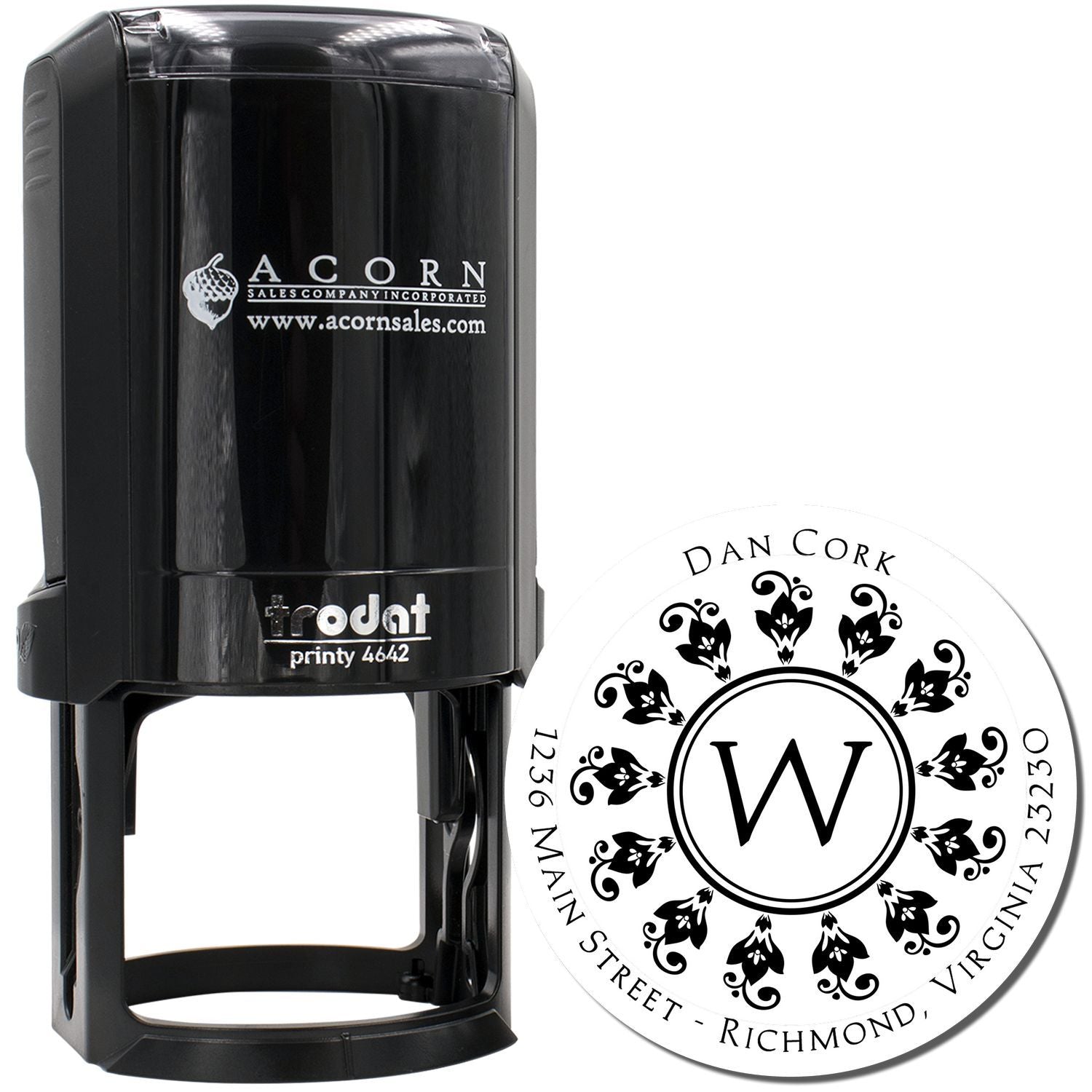 Custom self-inking rubber stamp with round monogram address design for business branding, envelopes, and mailing labels.